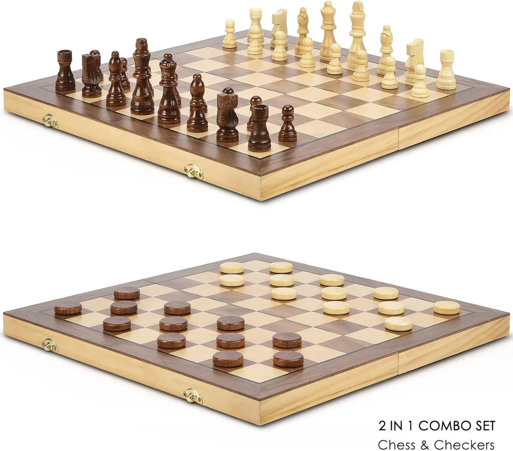 AMEROUS 15'' Magnetic Wooden Chess & Checkers Game Set -2 Extra Queens -24 Cherkers Pieces - Chessmen Storage Slots, Beginner Chess Set for Kids and Adults, Classic 2 in 1 Board Games - Unique Gift Market