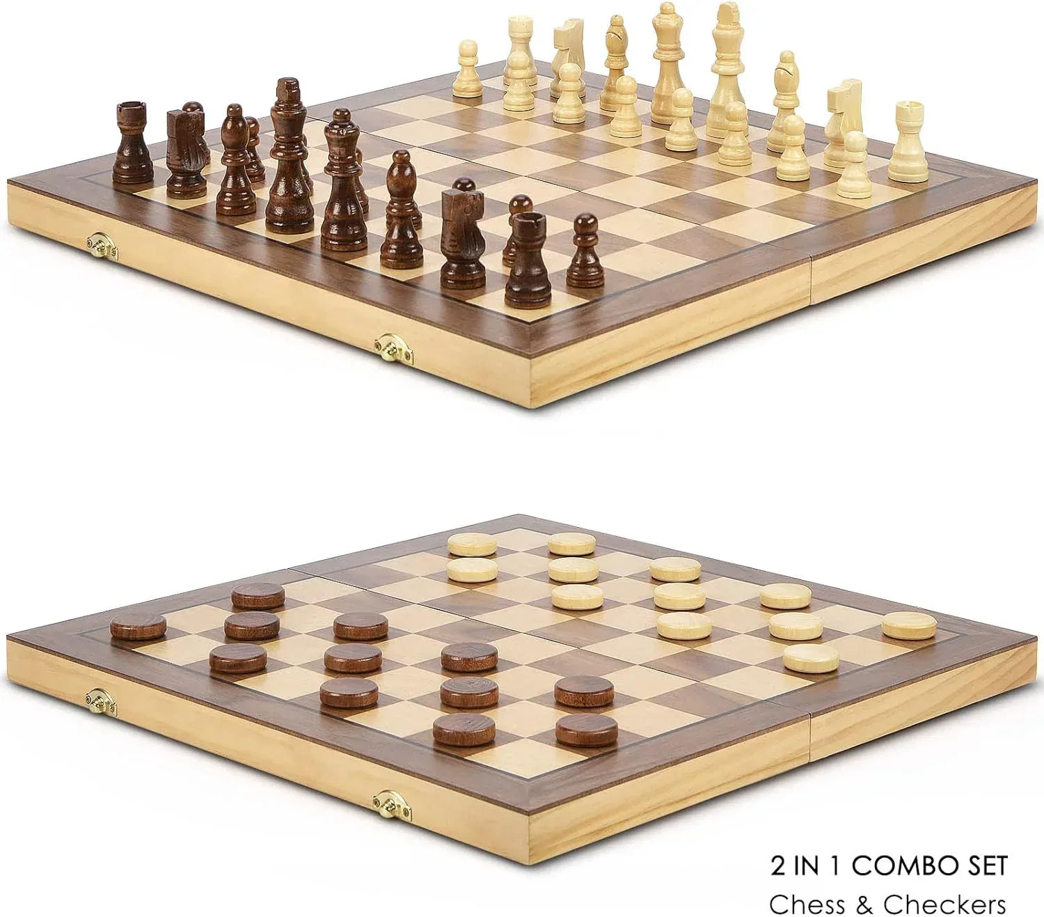 AMEROUS 15'' Magnetic Wooden Chess & Checkers Game Set -2 Extra Queens -24 Cherkers Pieces - Chessmen Storage Slots, Beginner Chess Set for Kids and Adults, Classic 2 in 1 Board Games - Unique Gift Market