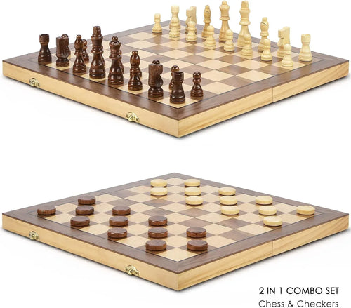 AMEROUS 15'' Magnetic Wooden Chess & Checkers Game Set -2 Extra Queens -24 Cherkers Pieces - Chessmen Storage Slots, Beginner Chess Set for Kids and Adults, Classic 2 in 1 Board Games - Unique Gift Market
