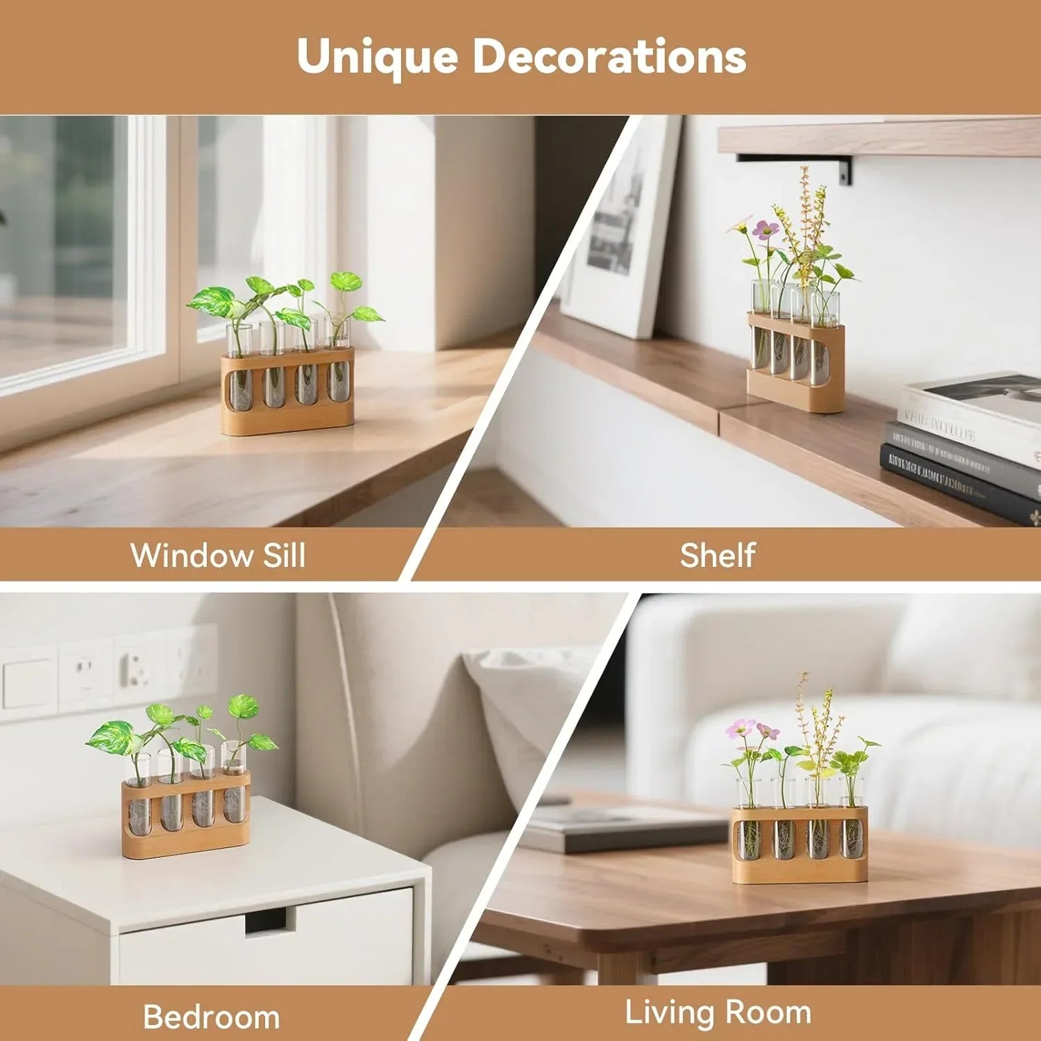 Plant Propagation Station with 9-Speed Adjustable LED Lights, Wooden Stand, 4 Glass Test Tubes for Hydroponic Plants, Unique Gift for Plant Lovers - Unique Gift Market