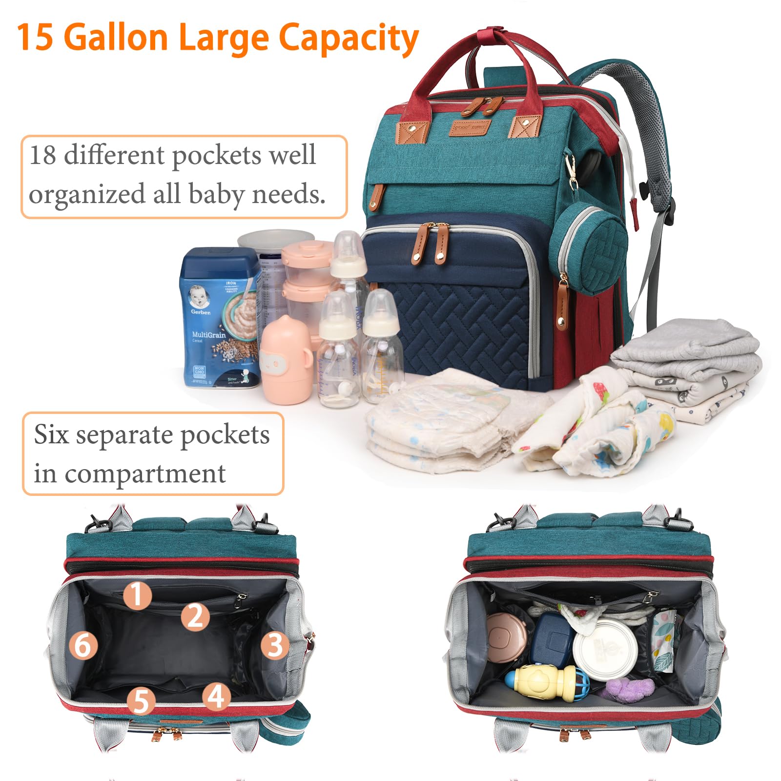 Baby Diaper Bags with Changing Station, Waterproof Diaper Bag Backpack for Moms Dads with USB Charging Port, Baby Shower Gifts, Large Capacity diaper backpack, Grey