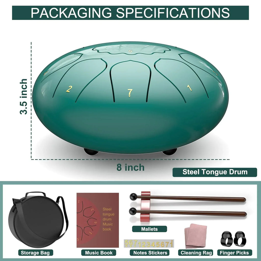 Rain Drum for Outside Garden, 6 Inches 8 Notes Steel Tongue Chakra Drums, Waterproof Meditation Rain Chime, Musical Instruments for Adult Gift with Bag, Music Book, Drum Mallets (Green) - Unique Gift Market