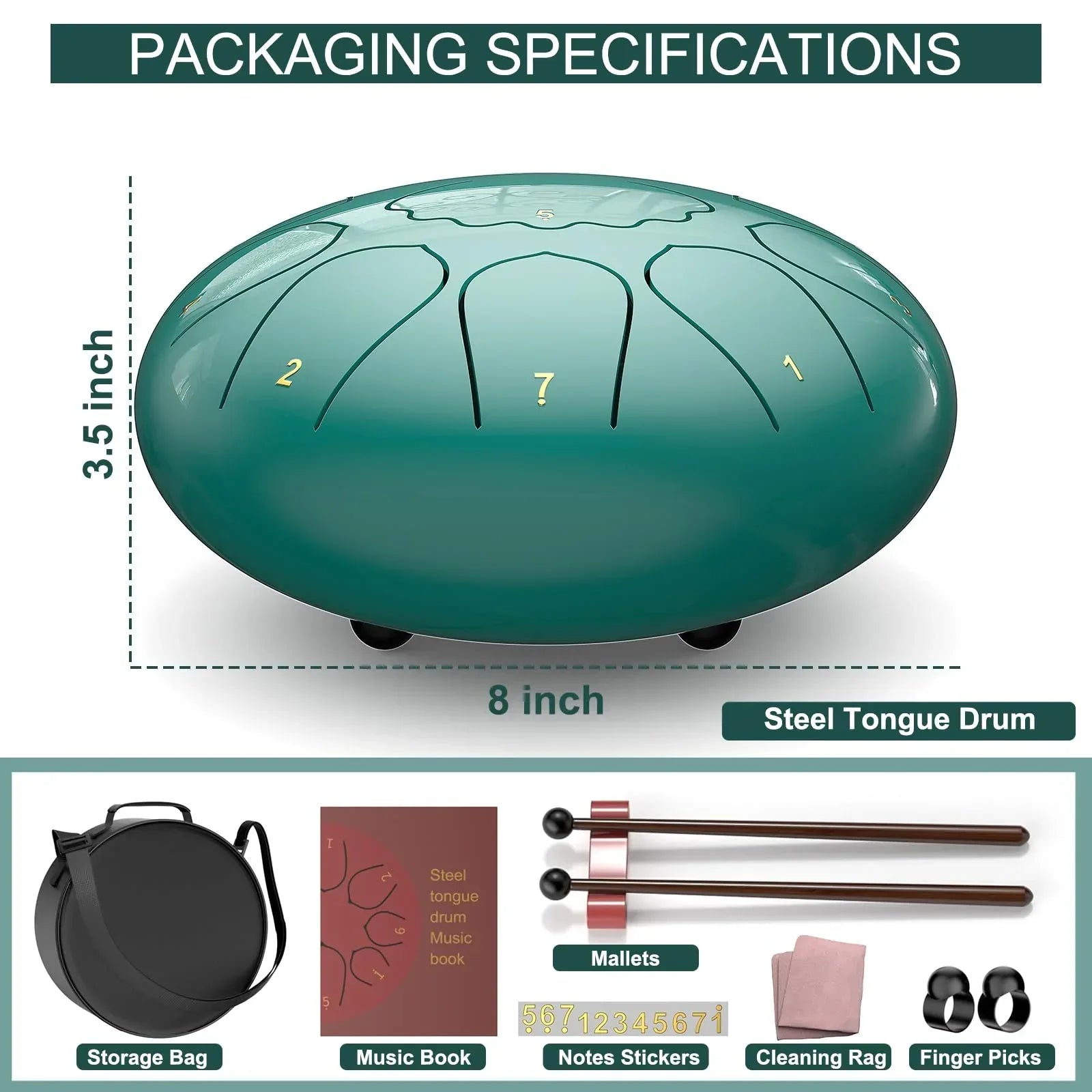 Rain Drum for Outside Garden, 6 Inches 8 Notes Steel Tongue Chakra Drums, Waterproof Meditation Rain Chime, Musical Instruments for Adult Gift with Bag, Music Book, Drum Mallets (Green) - Unique Gift Market