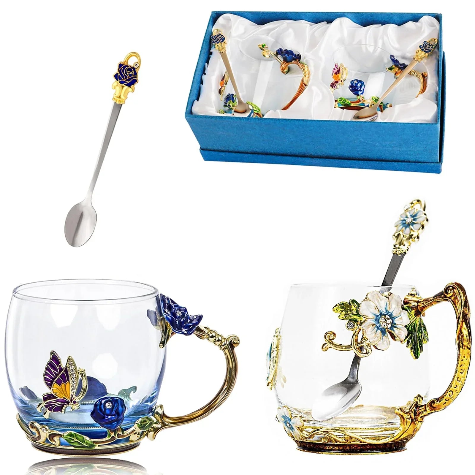 Tea Cup Glass Coffee Mugs,Fancy Tea Cup Set Birthday Christmas Valentine's Day Gift Idea for Tea Lover and Women Novelty Coffee Mugs Rose Flower Enamel Tea Cup Glass Mug with Spoon Set - Unique Gift Market