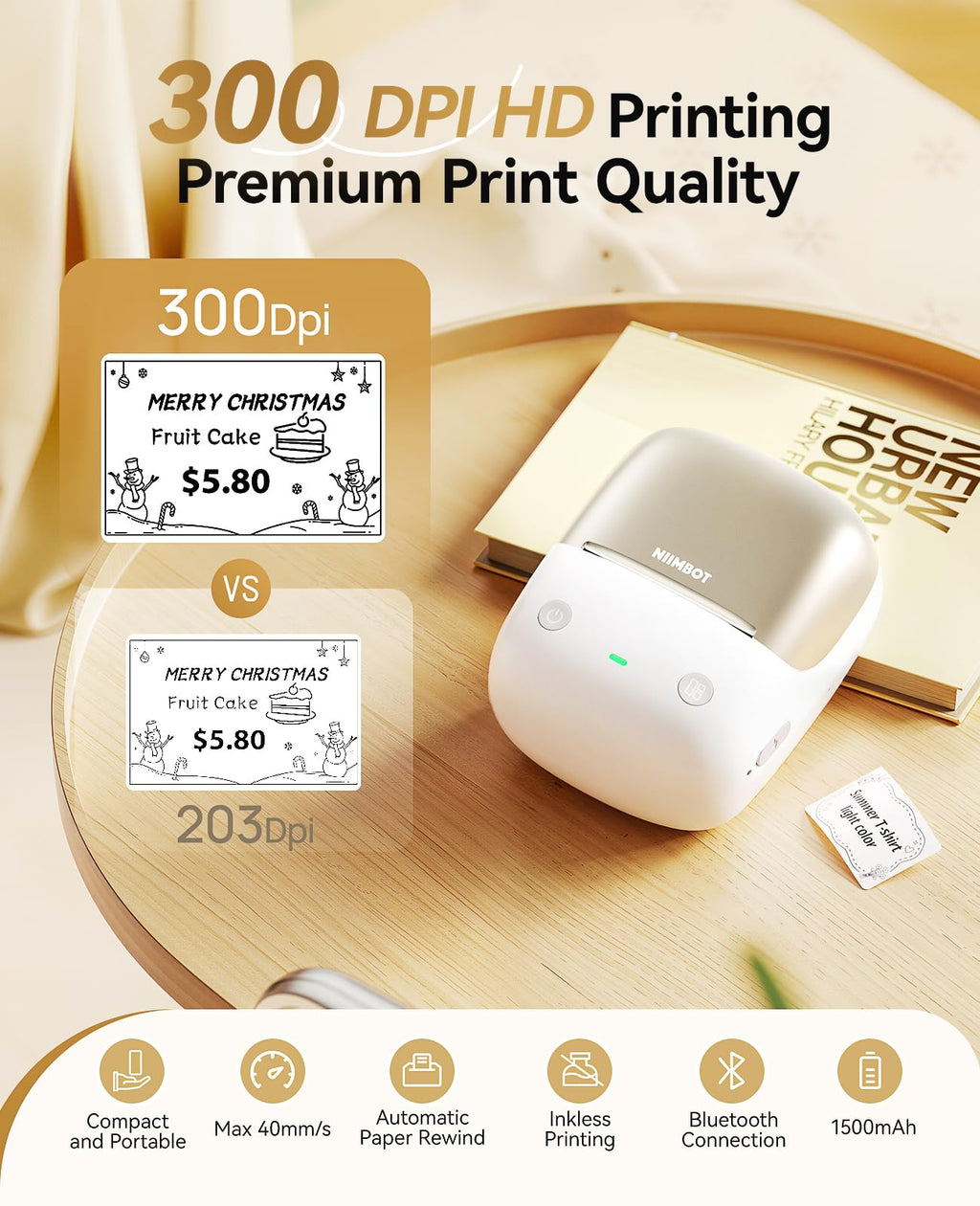 NIIMBOT B2 Pro Label Maker Machine with Tape, 300DPI Sticker Printer Portable Bluetooth Label Printer, for Photo Sticker, DIY Crafts, Study Notes, Gift, Journal Labeling Organization, Gold