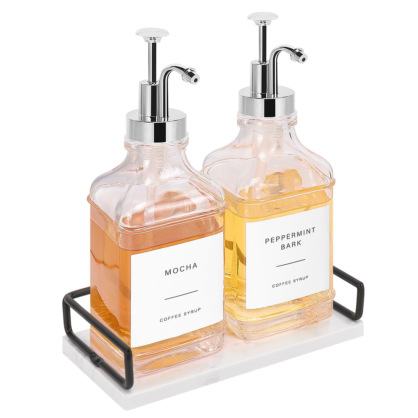 Coffee Syrup Dispenser for Coffee Bar, Clear Glass Syrup Bottles with Pump, Refillable Maple Syrup Storage, Coffee Station Accessories and Organizer, 500ml, Set of 2 + Tray (Gold)