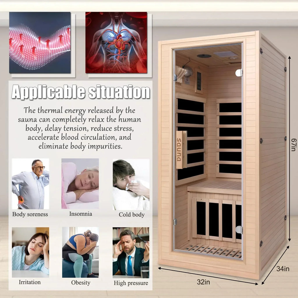 Far Infrared Sauna for 1 Person - 1050W Fast Heating, Canadian Hemlock Wood Home Sauna with Bluetooth Speaker, Chromotherapy & Oxygen Ionizer Easy Assembly Indoor Sauna for Relaxation, Detox, Home Gym - Unique Gift Market