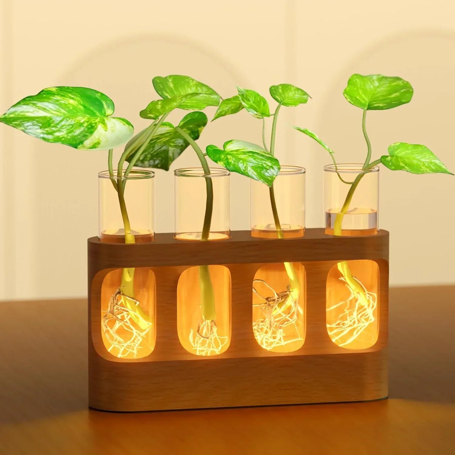 Plant Propagation Station with 9-Speed Adjustable LED Lights, Wooden Stand, 4 Glass Test Tubes for Hydroponic Plants, Unique Gift for Plant Lovers - Unique Gift Market