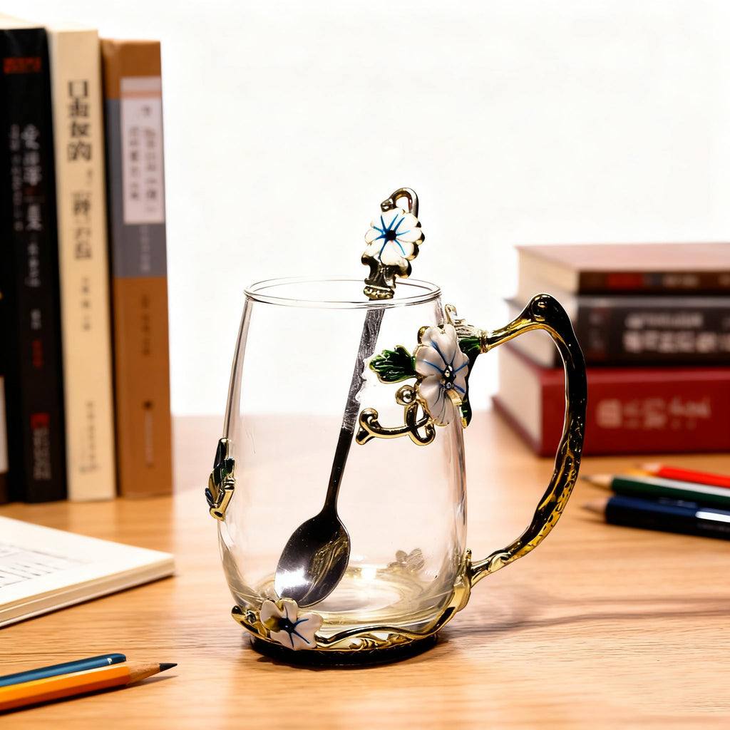 Best Gifts For Women Mom Blue Glass Coffee Tea Mug Unique Birthday Christmas Gift For Women Who Have Everything, Gift For Her Tea Cup with Spoon Sets (Blue-Tal)