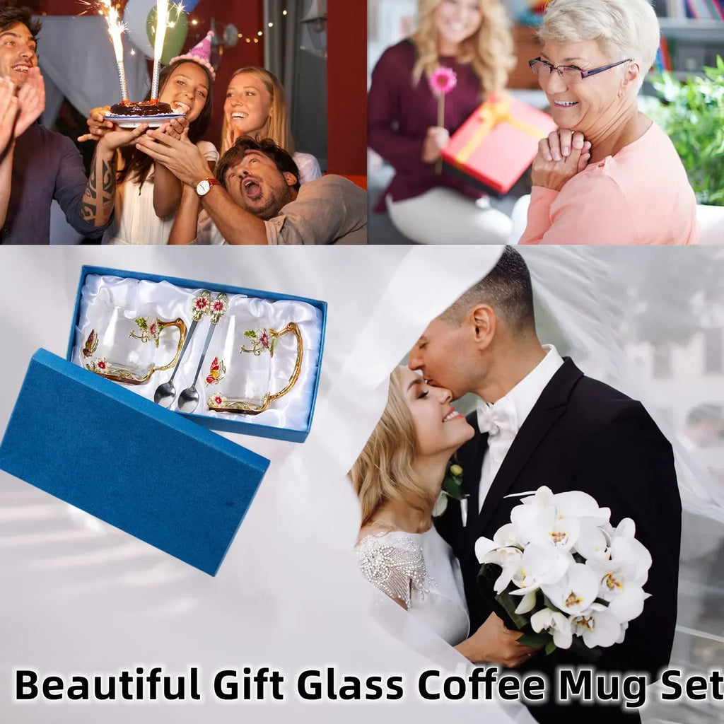 Tea Cup Glass Coffee Mugs,Fancy Tea Cup Set Birthday Christmas Valentine's Day Gift Idea for Tea Lover and Women Novelty Coffee Mugs Rose Flower Enamel Tea Cup Glass Mug with Spoon Set - Unique Gift Market