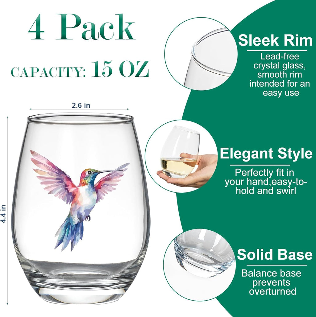 Hummingbird Stemless Wine Glasses Set of 4, Hummingbird Lovers Gifts for Women, Bird and Outdoor Lovers, 15oz Wine Glasses Gifts for Women, Floral Garden Lovers, Forest Birds Hummingbird Decor