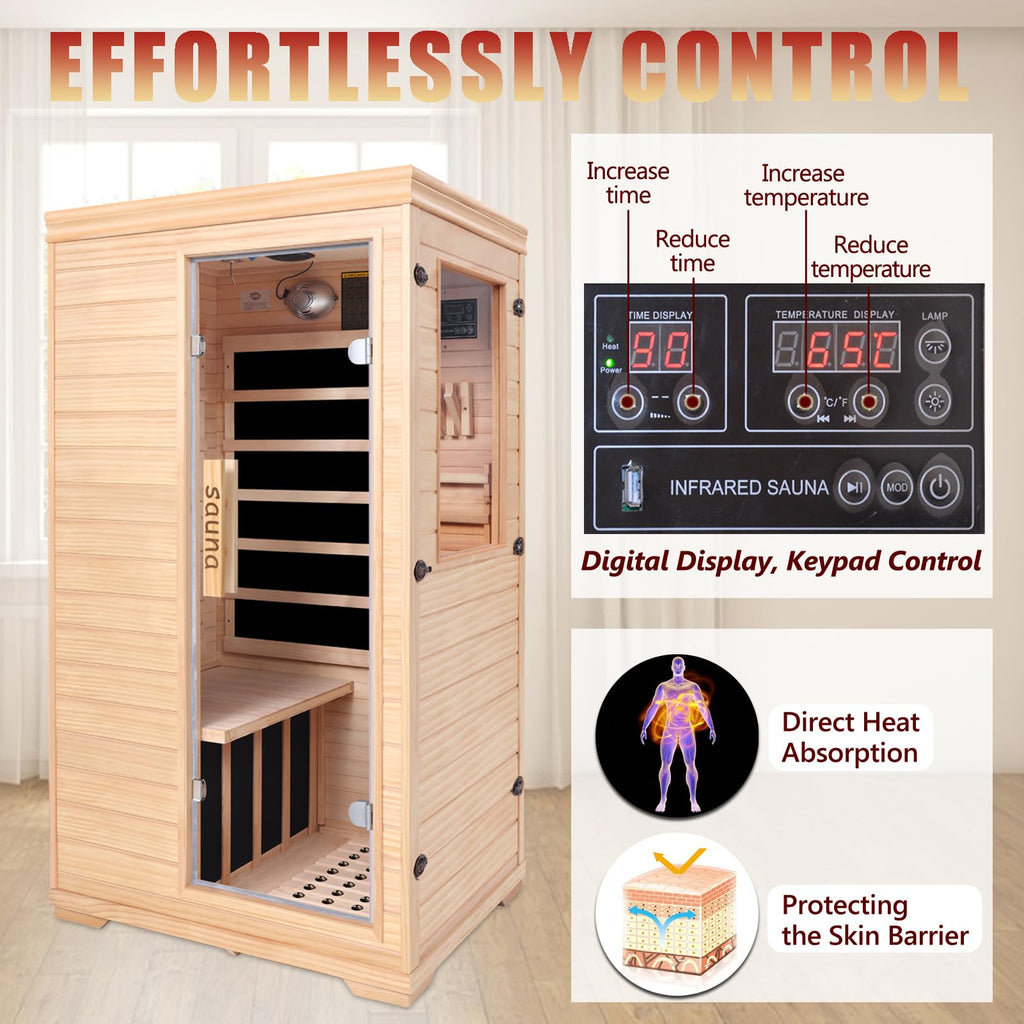 Far Infrared Sauna for 1 Person - 1050W Fast Heating, Canadian Hemlock Wood Home Sauna with Bluetooth Speaker, Chromotherapy & Oxygen Ionizer Easy Assembly Indoor Sauna for Relaxation, Detox, Home Gym