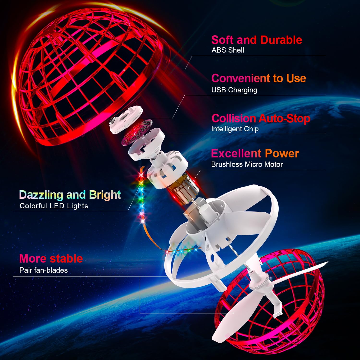 Flying Orb Ball (Blue, 2025 Upgraded) with Dazzling Lights, Magic Hover Spinner, Cool Boomerang Drone, Floating Cosmic Globe, Kids Toys Gifts for 6 7 8 9 10 Year Old Boys Girls