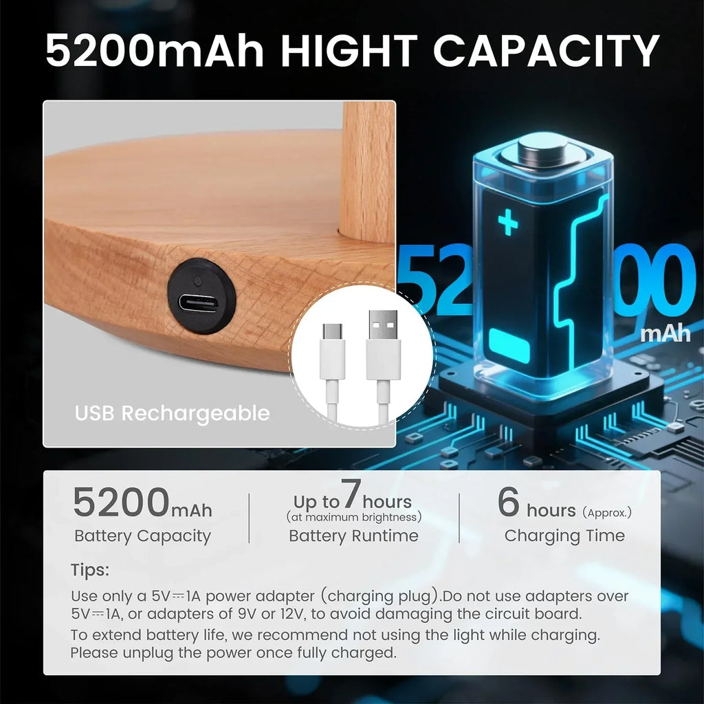 Cordless Table Lamp, Rechargeable Wooden Table Lamp with Touch Control & Adjustable Brightness, Cordless Decorative Bedside Lamp for Bedroom, Home Decor & Unique Gifts, Black Walnut - Unique Gift Market