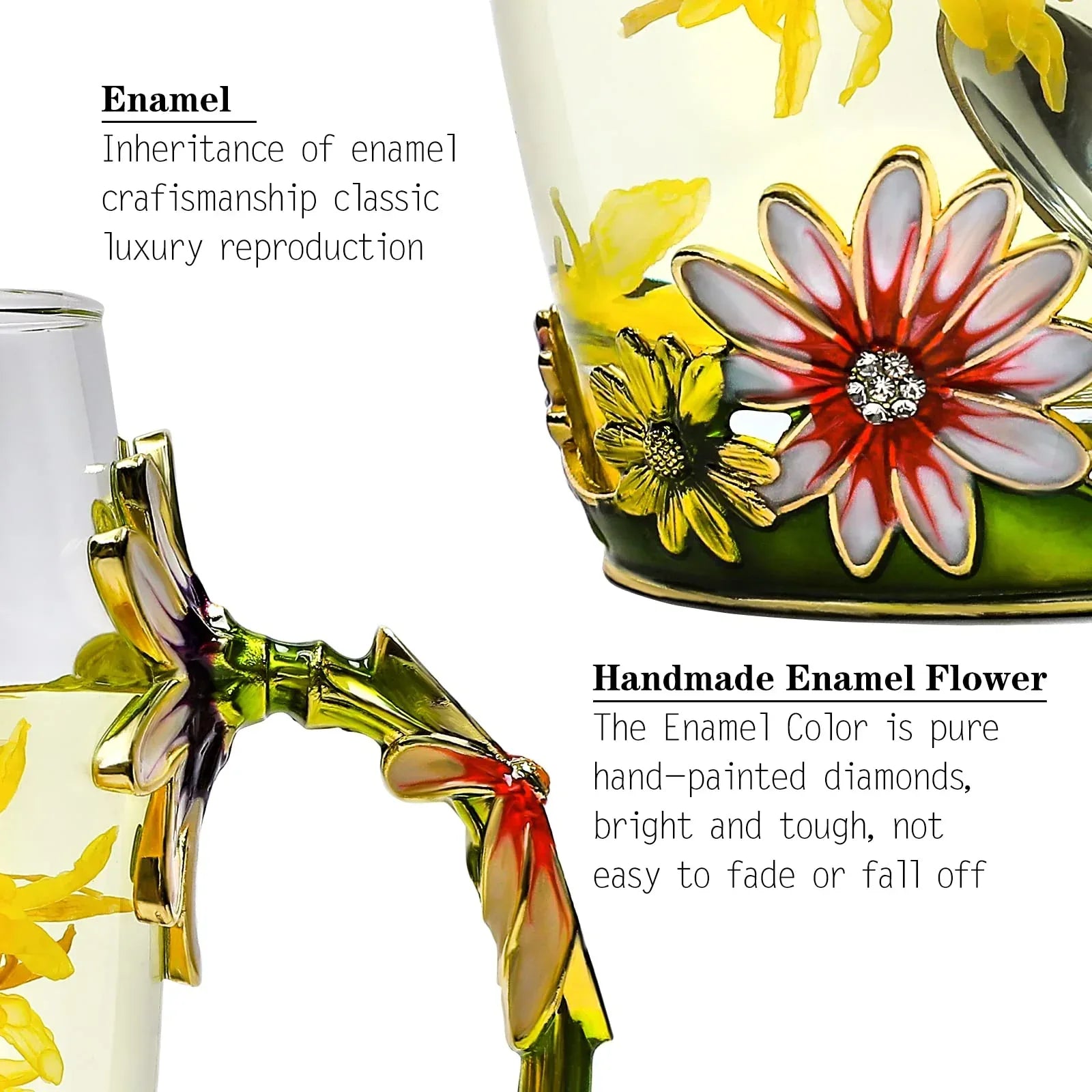 Tea Cup Glass Coffee Mugs,Fancy Tea Cup Set Birthday Christmas Valentine's Day Gift Idea for Tea Lover and Women Novelty Coffee Mugs Rose Flower Enamel Tea Cup Glass Mug with Spoon Set - Unique Gift Market