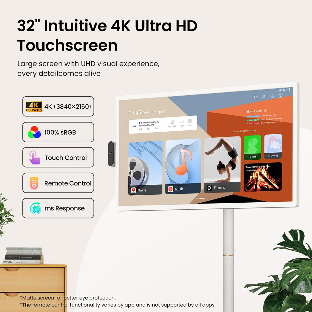 ApoloSign 32 Inch FHD Smart Portable TV 2nd Gen, 16(8+8) GB RAM+128GB, Android 16, EDLA-Certified, Rolling Tablet TV on Wheels, Built-in 15000mAh Battery, Full Swivel Rotation, Voice Remote Control