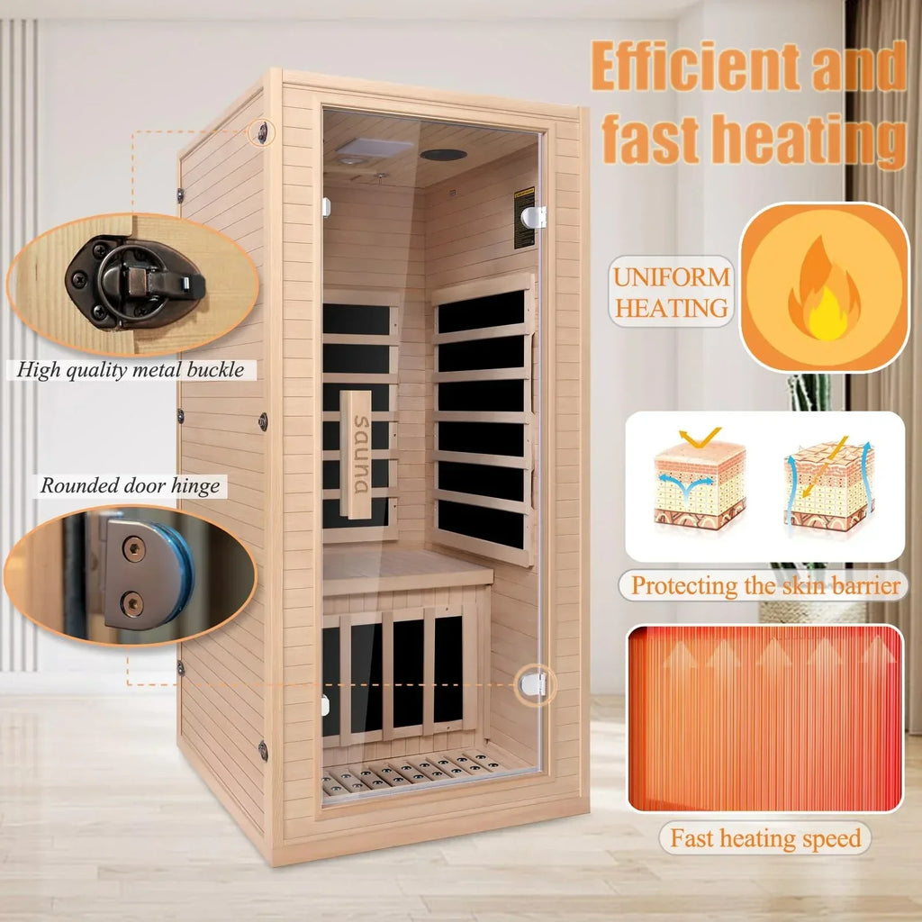 Far Infrared Sauna for 1 Person - 1050W Fast Heating, Canadian Hemlock Wood Home Sauna with Bluetooth Speaker, Chromotherapy & Oxygen Ionizer Easy Assembly Indoor Sauna for Relaxation, Detox, Home Gym - Unique Gift Market