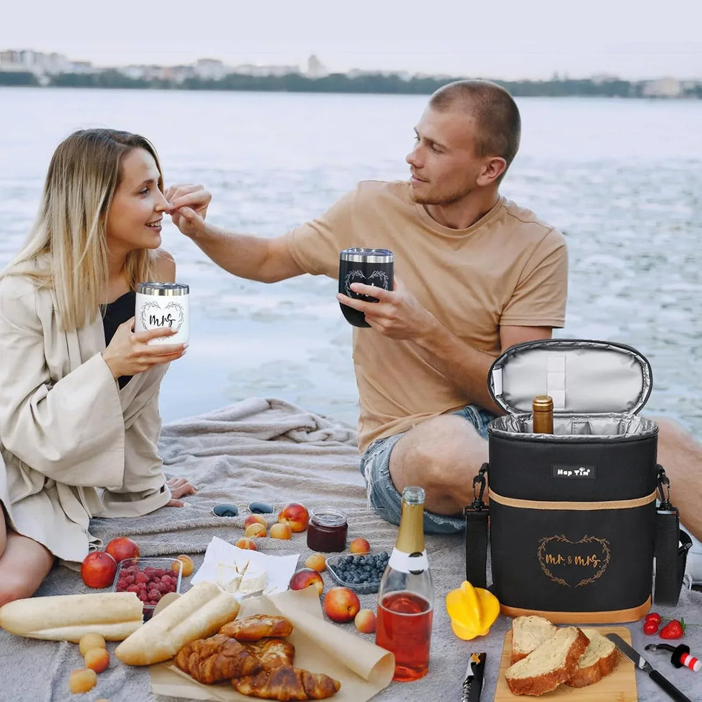 Hap Tim Wedding Gifts for Couples, Bridal Shower Gifts, Engagement Gifts for Newlyweds, Mr and Mrs gifts - Wine Cooler Bag Insulated Wine Carrier Tote with Tumblers, Bamboo Cheese Borad - Unique Gift Market