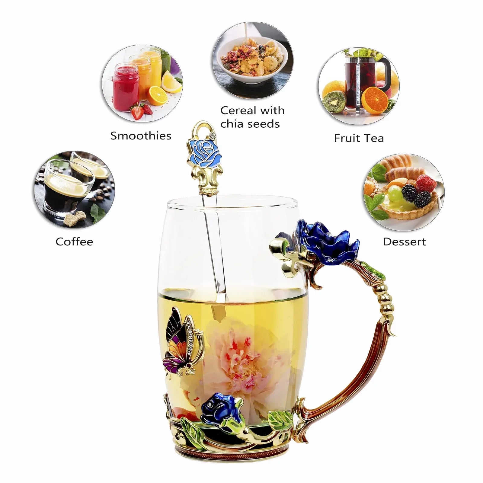 Tea Cup Glass Coffee Mugs,Fancy Tea Cup Set Birthday Christmas Valentine's Day Gift Idea for Tea Lover and Women Novelty Coffee Mugs Rose Flower Enamel Tea Cup Glass Mug with Spoon Set - Unique Gift Market