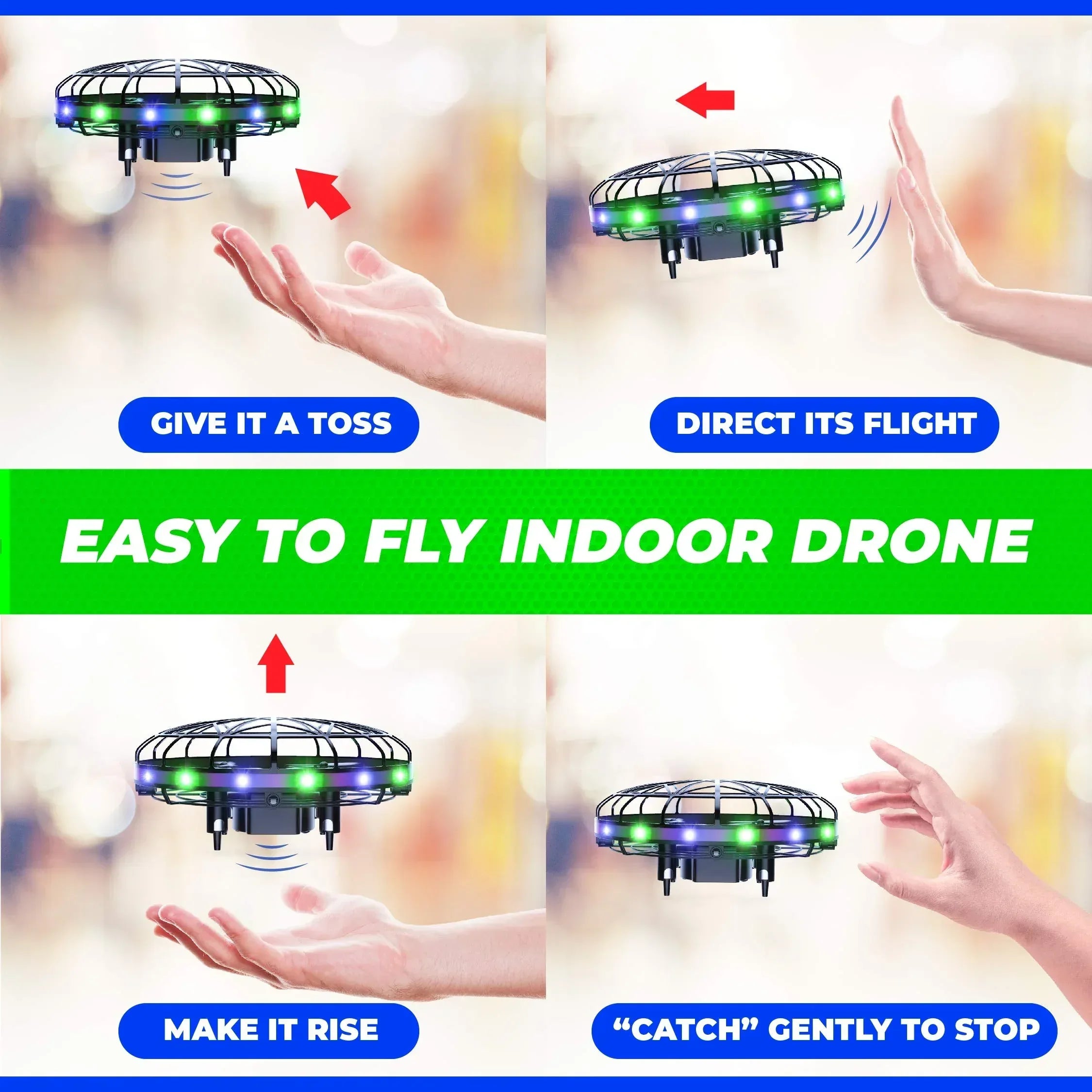 Force1 Scoot Hand Operated Drone for Kids or Adults - Hands Free Motion Sensor Mini Drones, Easy LED Indoor Rechargeable UFO Toy Flying Orb Ball Drone Toys for Boys and Girls (Blue) - Unique Gift Market