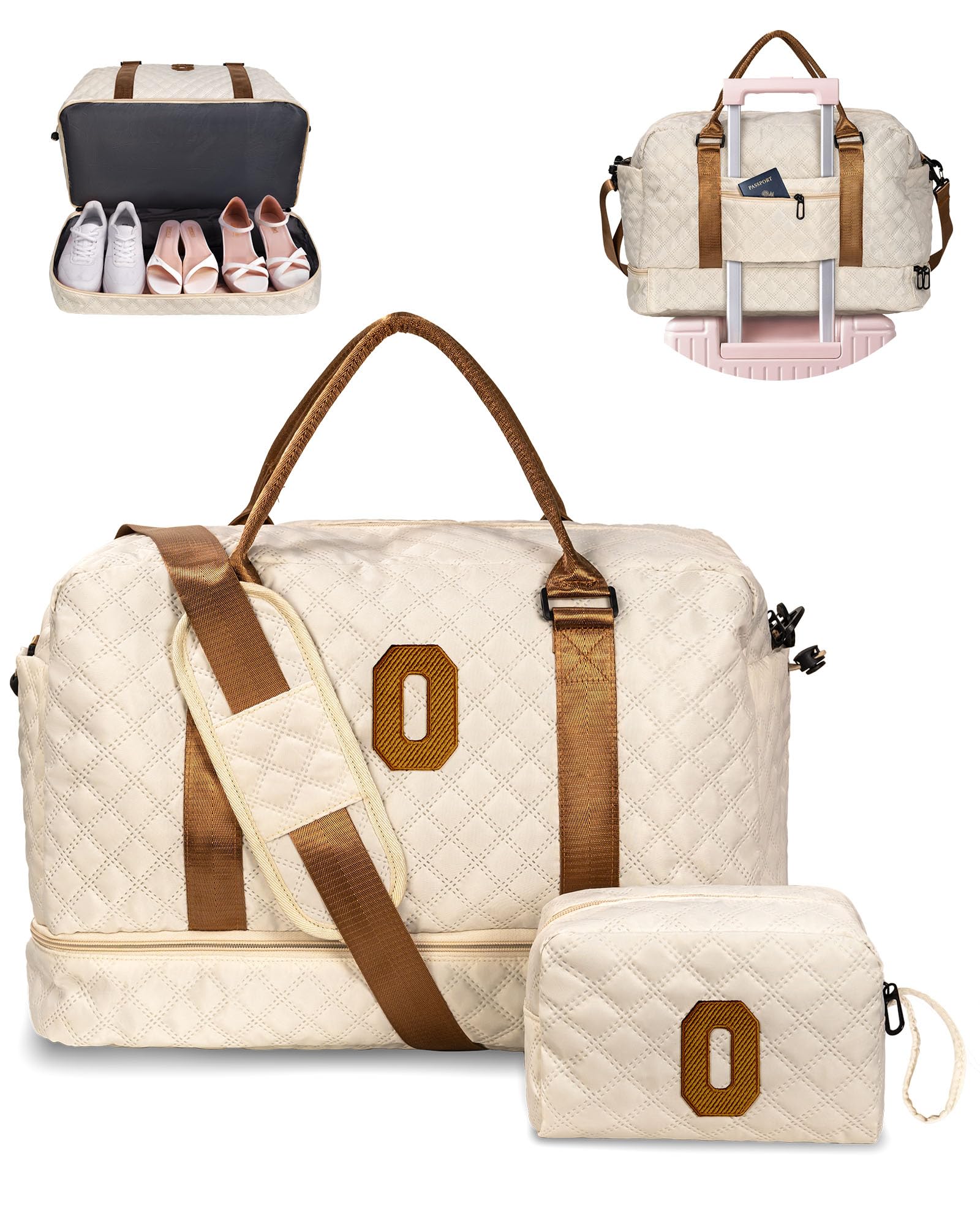 Birthday Gift-Initial Duffle Bag with Shoe Compartment, Personalized Weekender Bag, Monogram Overnight Bag for Women with Trolley Sleeve & Wet Pocket, Travel Bag with Makeup Bag (Letter K)
