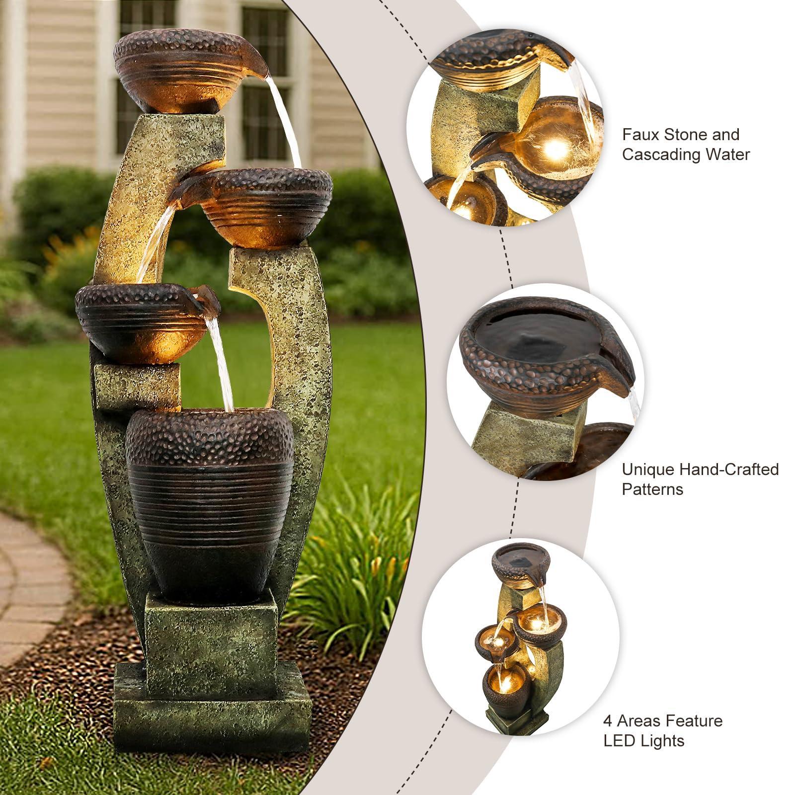 Naturefalls 40" Tall Outdoor Water Fountain and Waterfalls - Large Garden Fountain with LED Lights, 4-Tier Crocks, Indoor and Outdoor Fountains for Garden, Patio, Deck, Porch, Backyard and Home, Gray - Unique Gift Market