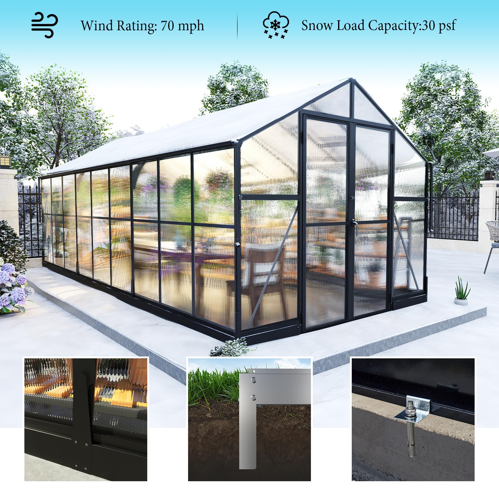 AMERLIFE 8x12x7FT Polycarbonate Greenhouse, Walk in Greenhouse with Quick-Connect System, Green House with 4 Vent Windows and Swing Lockable Door, Greenhouses for Outdoors, Sunroom Black