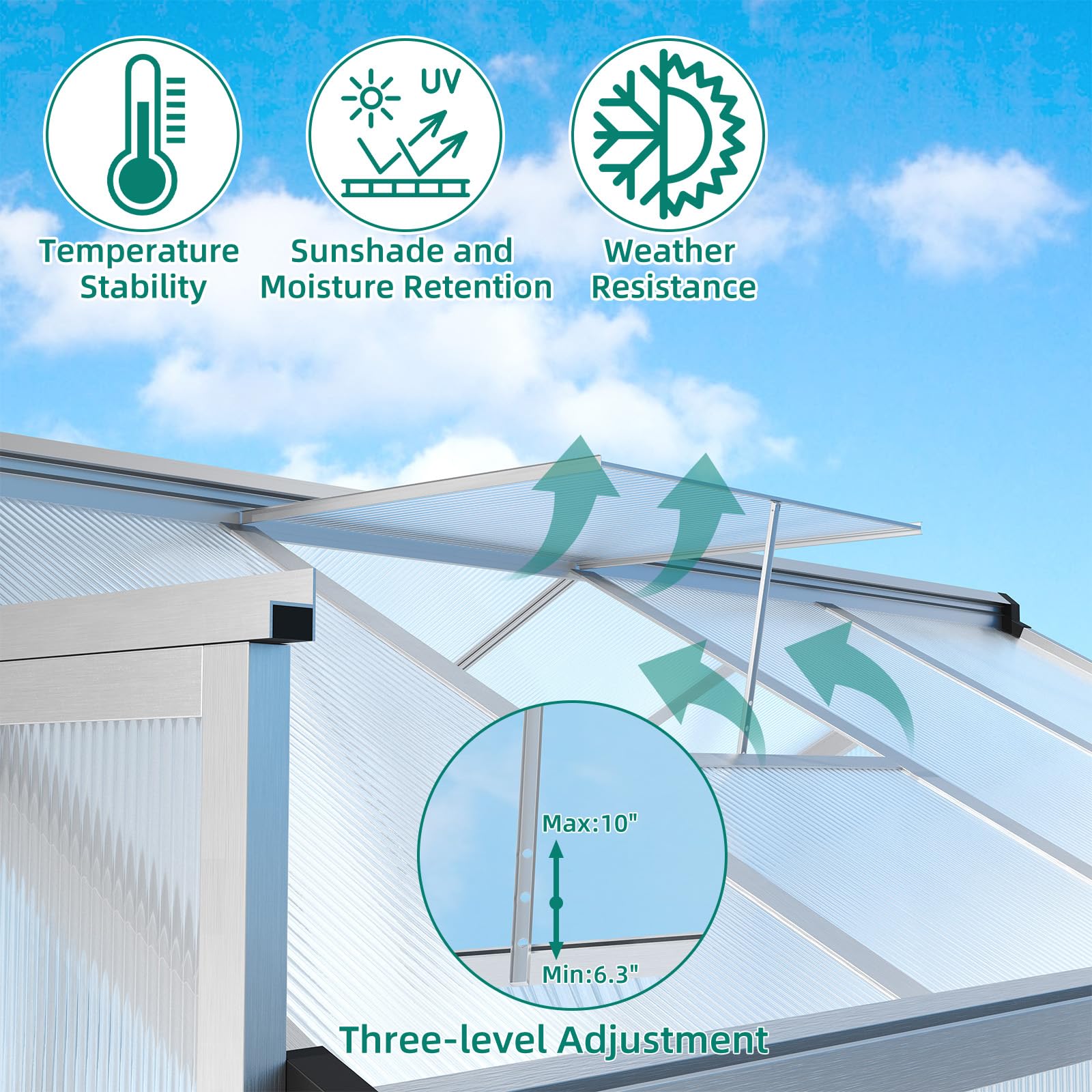 6×8FT Greenhouses for Outdoors, Aluminum Polycarbonate Greenhouses with Roof Vent - Heavy-Duty Walk-in Green Houses for All-Season Backyard Gardening