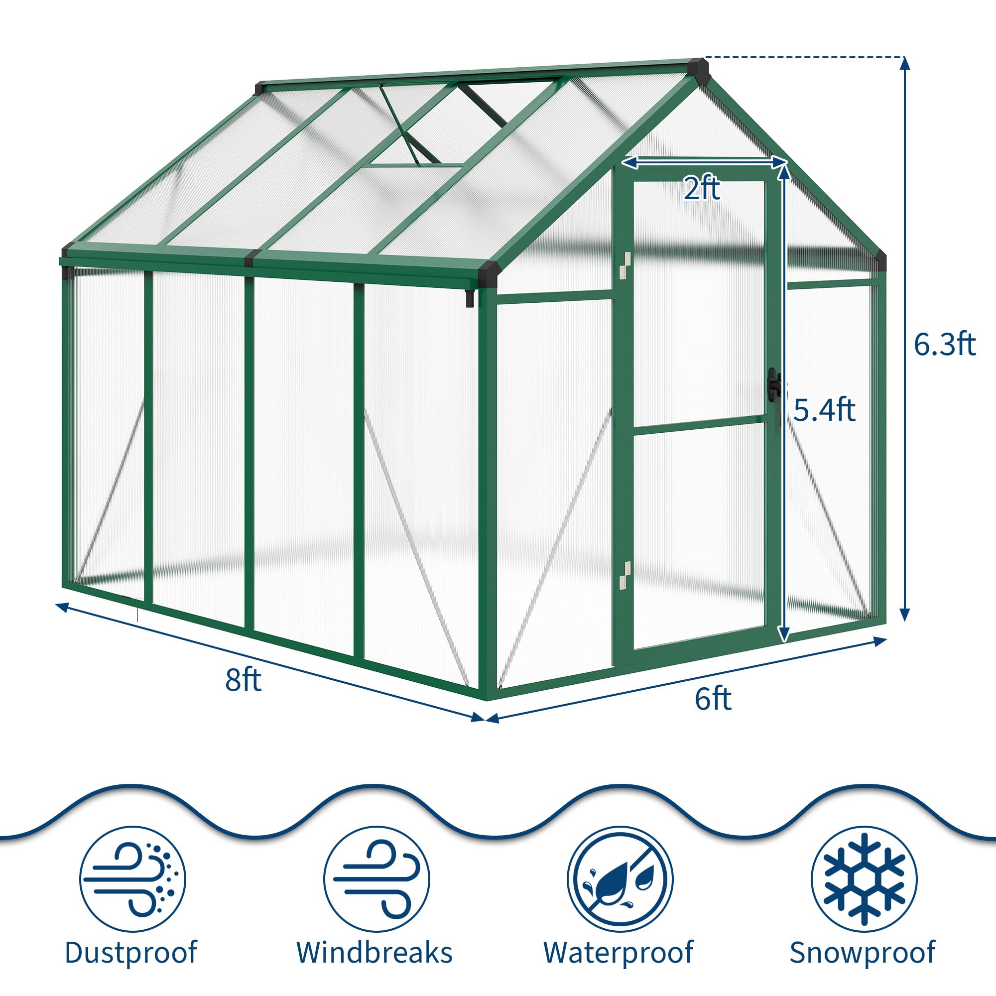8×10 FT Greenhouse, Large Walk in Greenhouses for Outdoors and Garden Planting, Polycarbonate Greenhouse with Enhanced Aluminum Frame, Green Houses with Quick Setup Structure and Roof Vent, Green