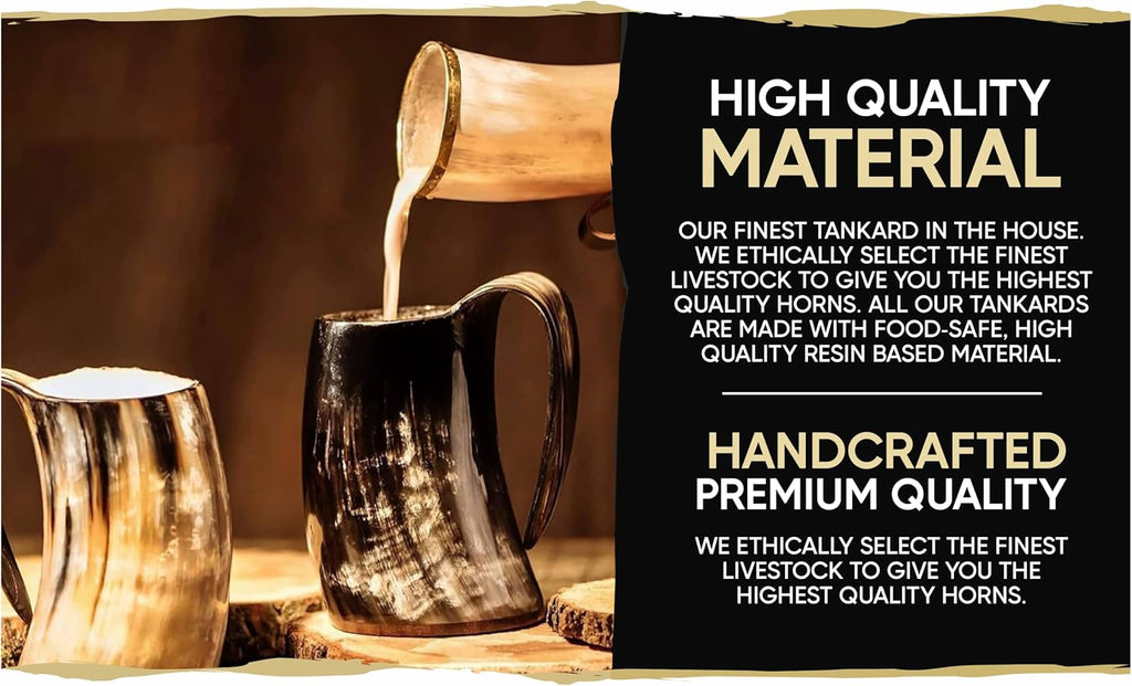 LANITI Viking Horn Mug with 4 Shot Cups – Authentic Handcrafted Viking Tankard for Ale, Beer, Mead – Medieval Drinking Horn Gift for Men – Norse Mythology Inspired Mug Set