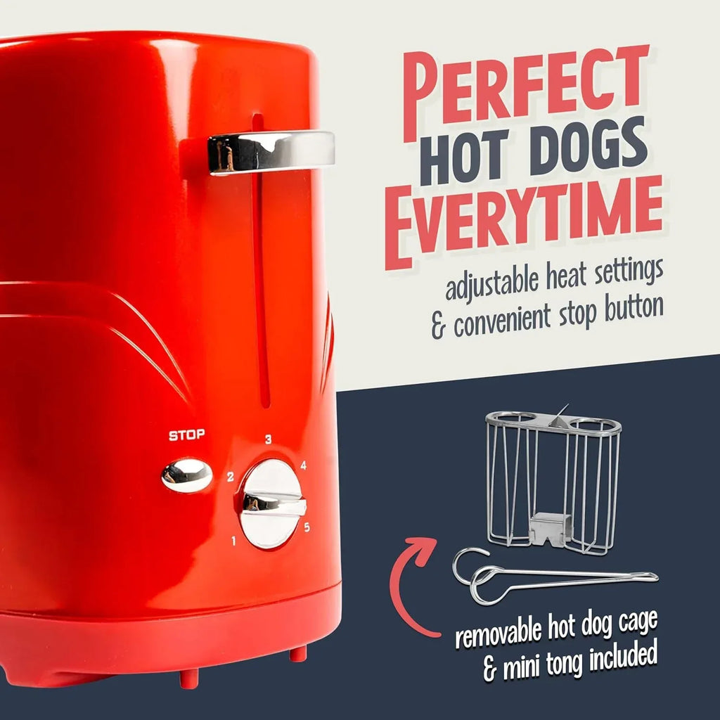 Nostalgia 2 Slot Hot Dog and Bun Toaster with Mini Tongs, Retro Toaster, Cooker that Works Chicken, Turkey, Veggie Links, Sausages Brats, Metallic Red - Unique Gift Market