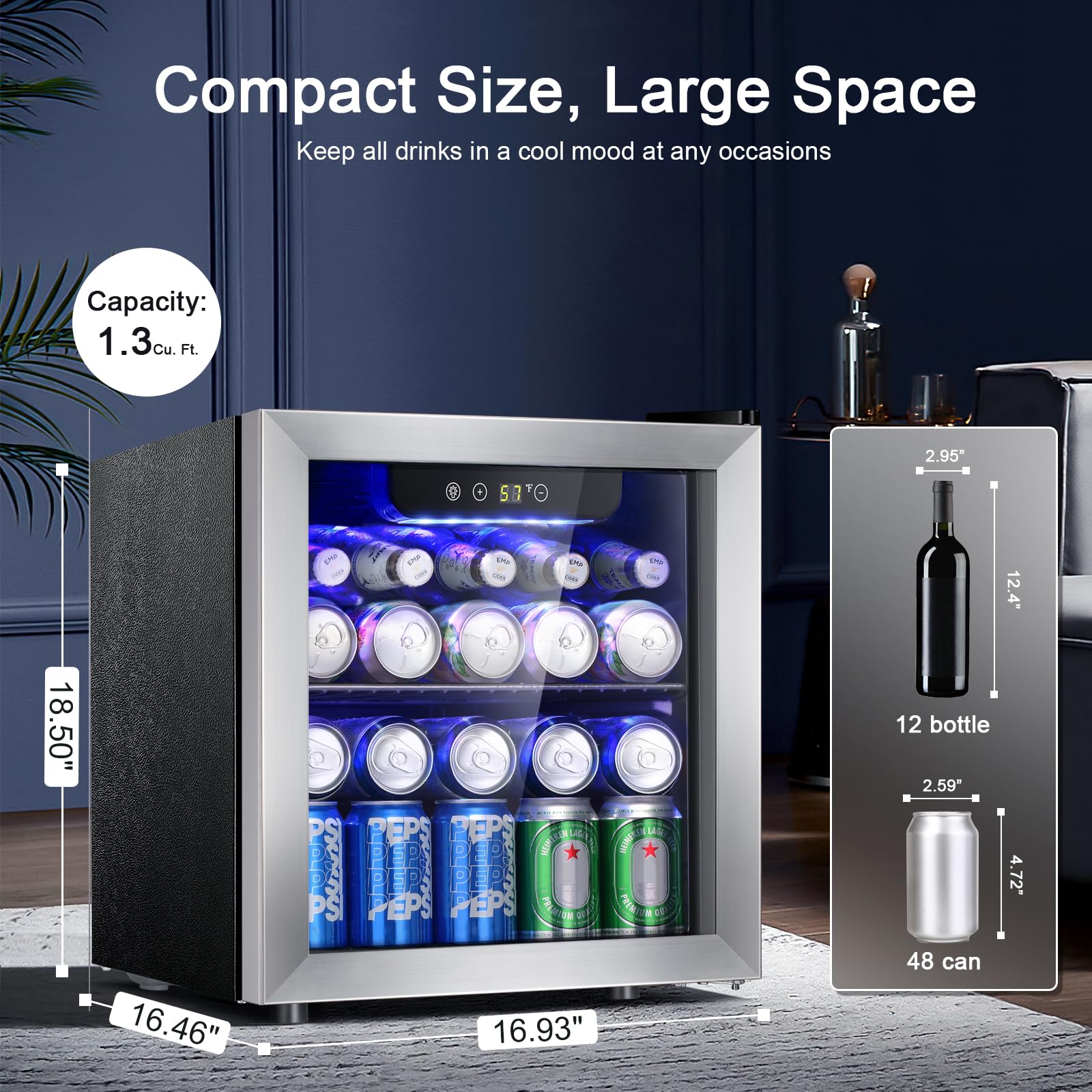 Antarctic Star 18L Beverage Refrigerator Cooler 24Can, Mini Fridge with Quiet Compressor, LED Light,Freestanding Small Fridge with Electronic Temperature Control for Home and Bar(40-61 ℉)