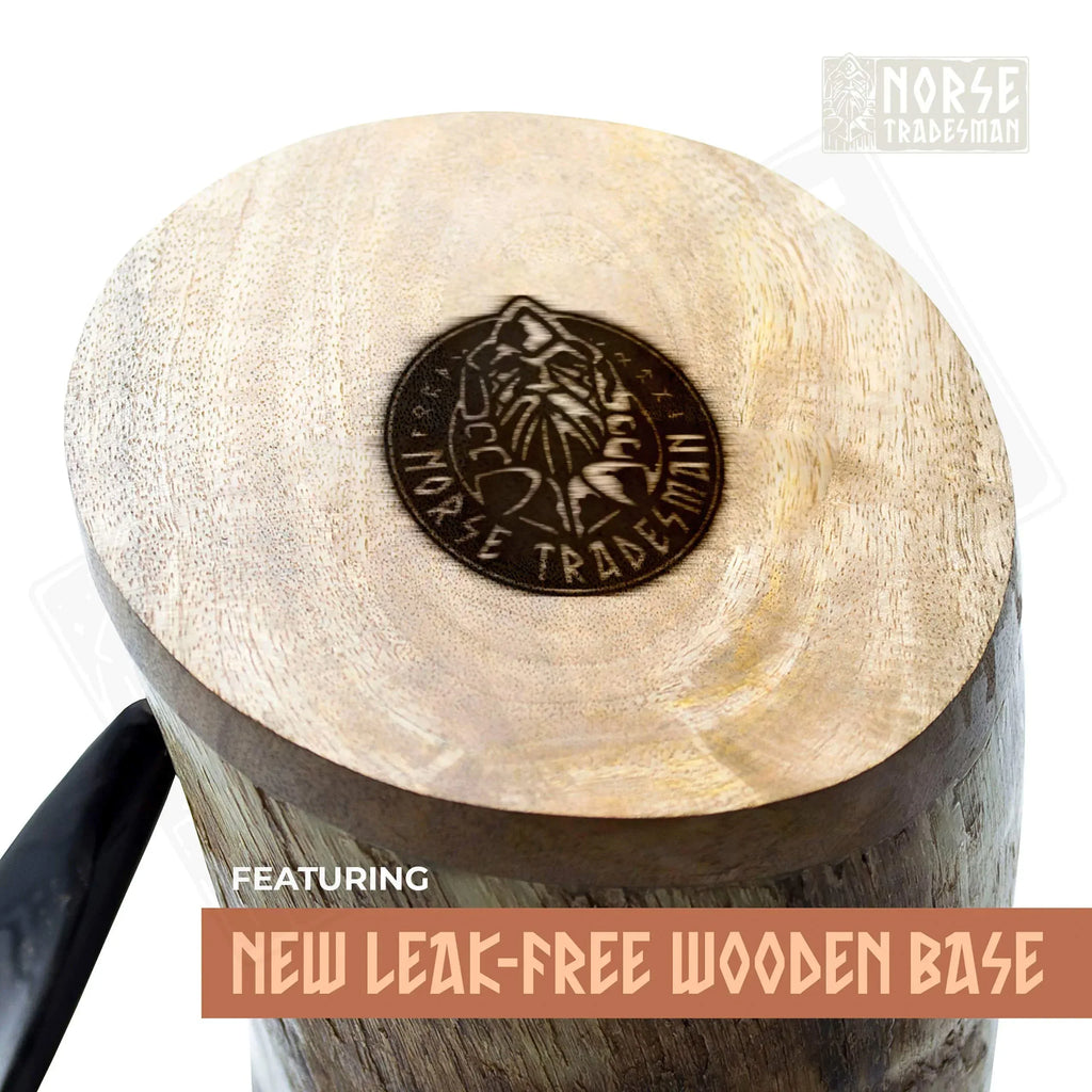 Norse Tradesman Original LG Viking Drinking Horn Mug - 100% Authentic Beer Horn Tankard With Natural Surface & Burlap Gift Sack | The Original, Low Polish, approx. 16 oz - Unique Gift Market