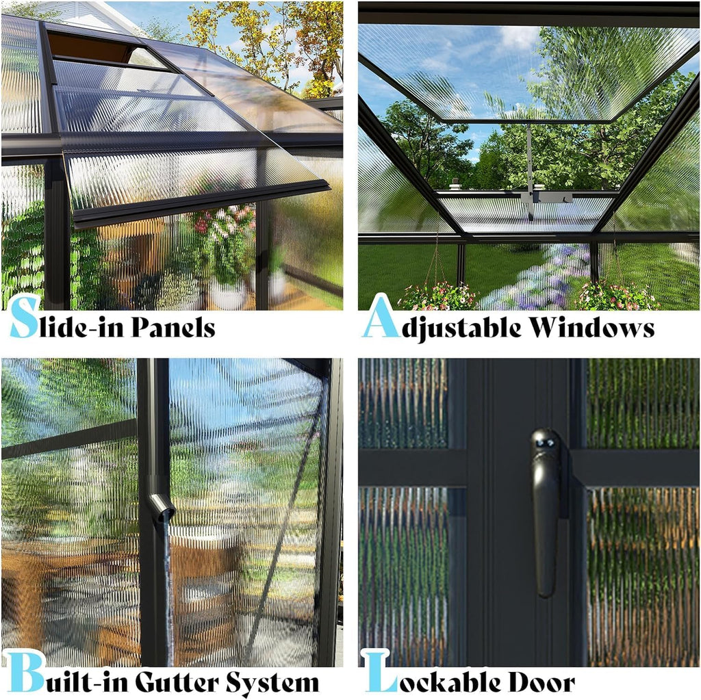 AMERLIFE 8x12x7FT Polycarbonate Greenhouse, Walk in Greenhouse with Quick-Connect System, Green House with 4 Vent Windows and Swing Lockable Door, Greenhouses for Outdoors, Sunroom Black