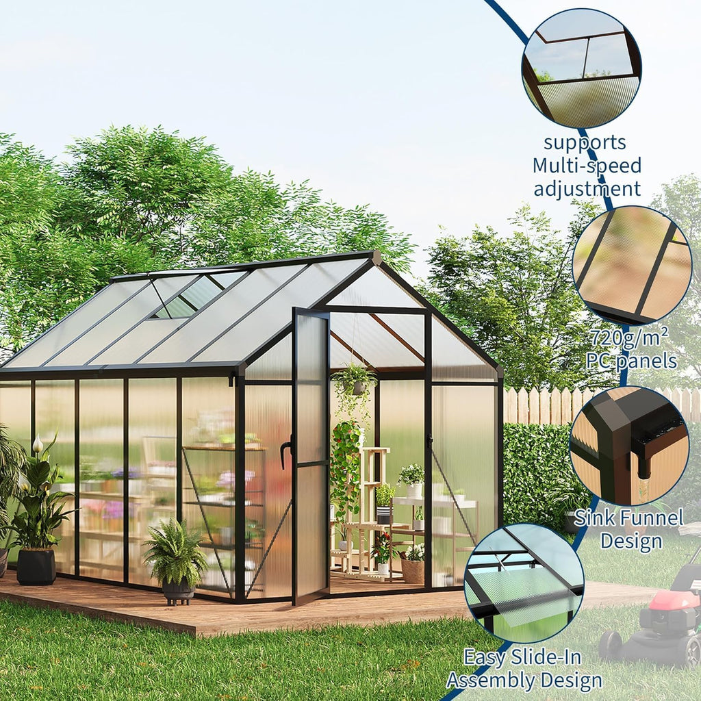 6×8FT Greenhouses for Outdoors, Aluminum Polycarbonate Greenhouses with Roof Vent - Heavy-Duty Walk-in Green Houses for All-Season Backyard Gardening