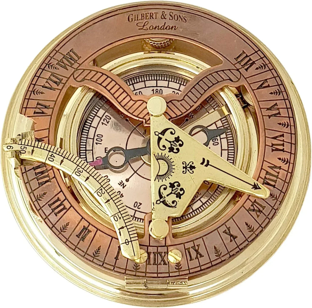 Brass Nautical - Antique Brass & Copper Sundial Compass, Sundial Clock in Box Gift Sun Clock Ship Replica Watch - Unique Gift Market