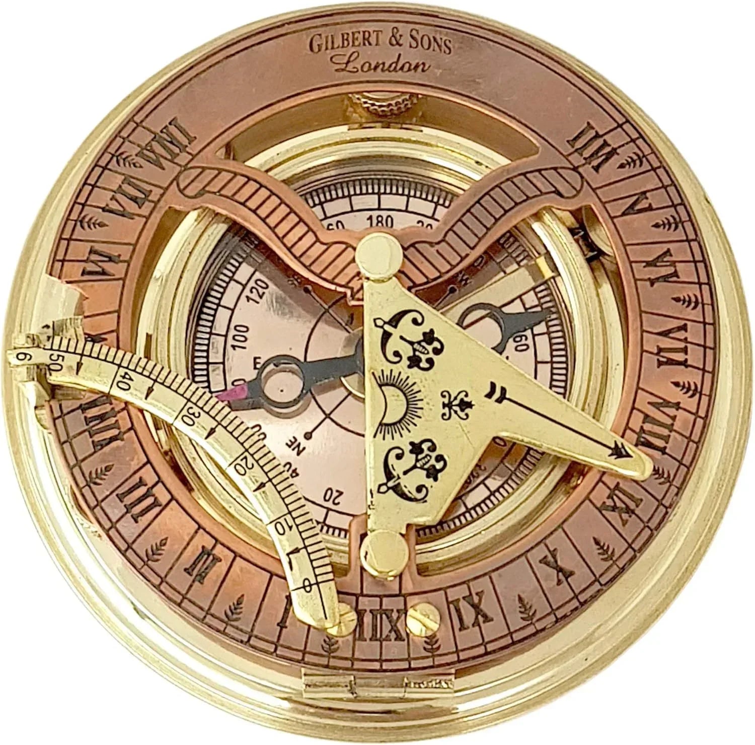 Brass Nautical - Antique Brass & Copper Sundial Compass, Sundial Clock in Box Gift Sun Clock Ship Replica Watch - Unique Gift Market