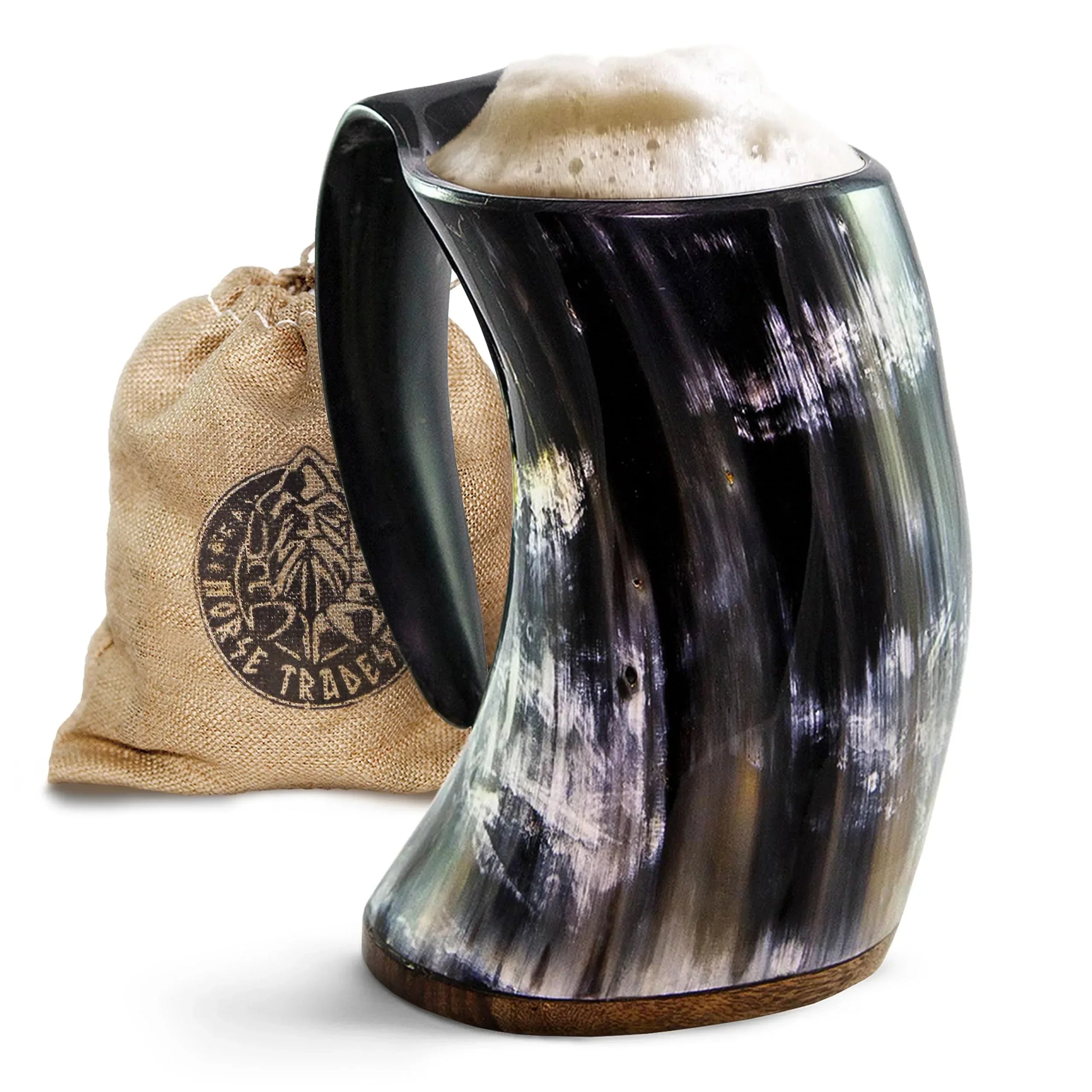 Norse Tradesman Original LG Viking Drinking Horn Mug - 100% Authentic Beer Horn Tankard With Natural Surface & Burlap Gift Sack | The Original, Low Polish, approx. 16 oz - Unique Gift Market
