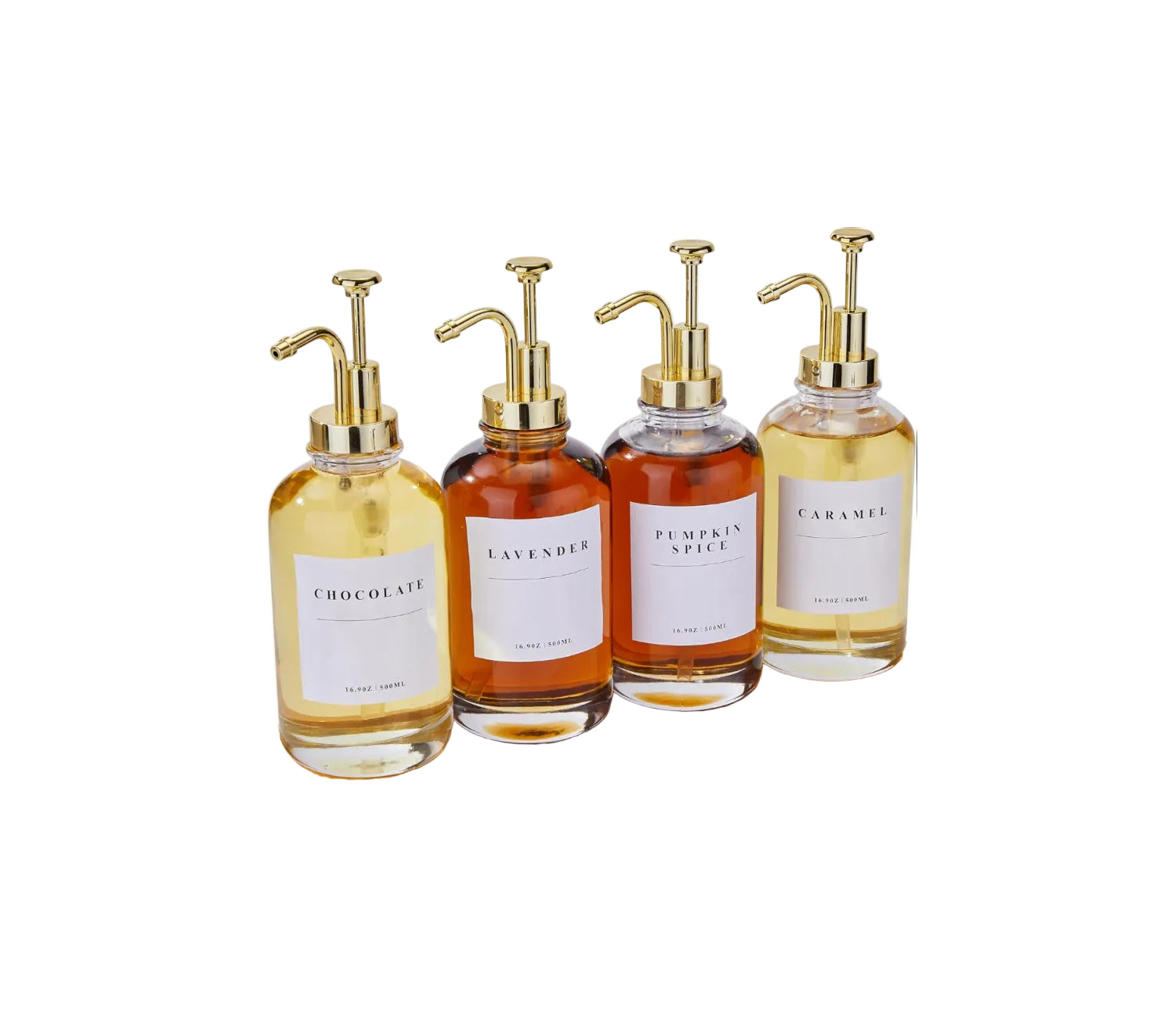 Coffee Syrup Dispenser for Coffee Bar, Coffee Syrup Pump Dispenser, Glass Syrup Bottle with Gold Upgraded Pump, 4 Pack 16.9 oz 500 ml Syrup Dispensers, 28 Labels and Large Bamboo Tray