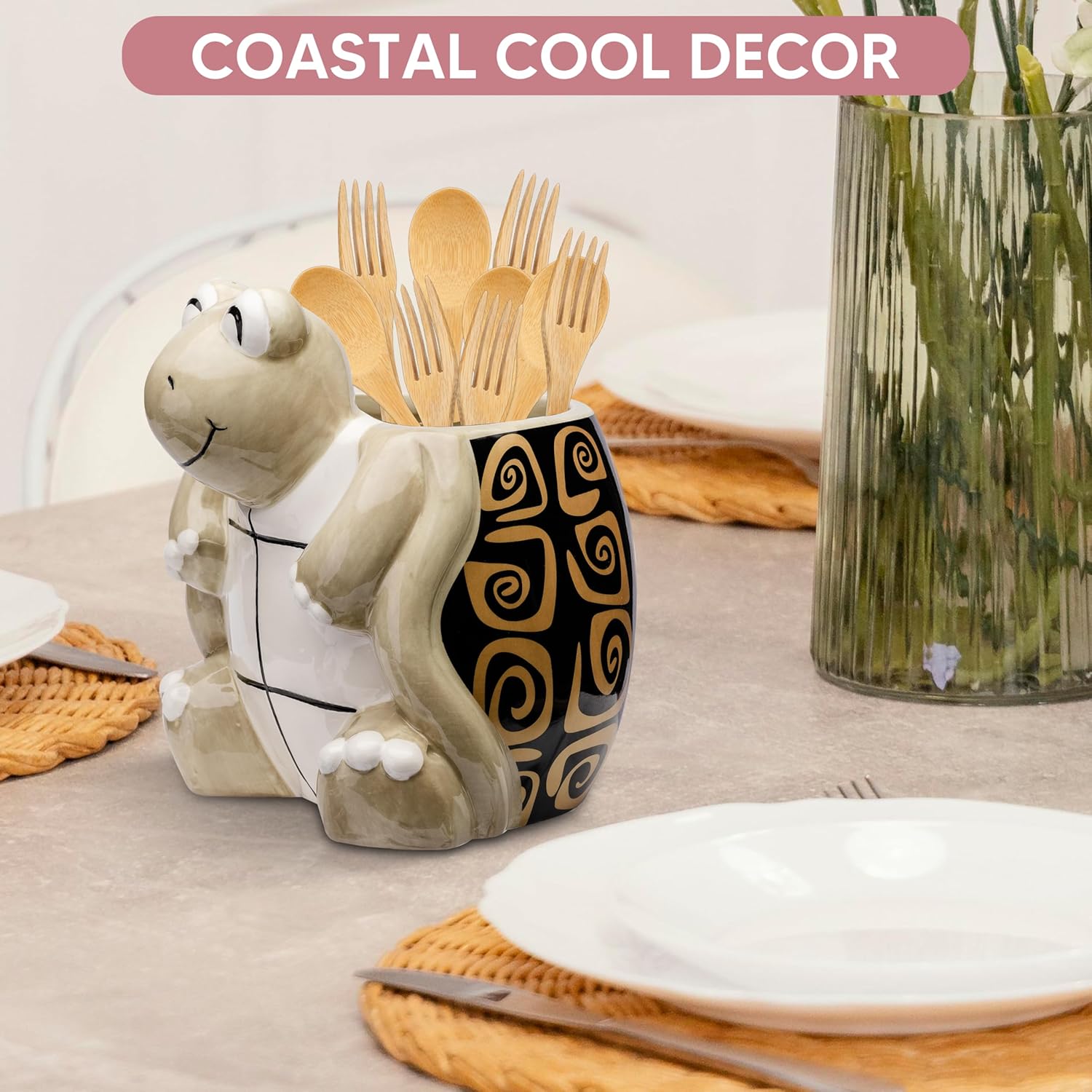 Turtle Kitchen Utensil Holder - Sea Turtle Storage Crock - Tortoise Home Decorations - Gift Decor - Office Holiday Theme Party Accessories - Lucky Gold Spirals