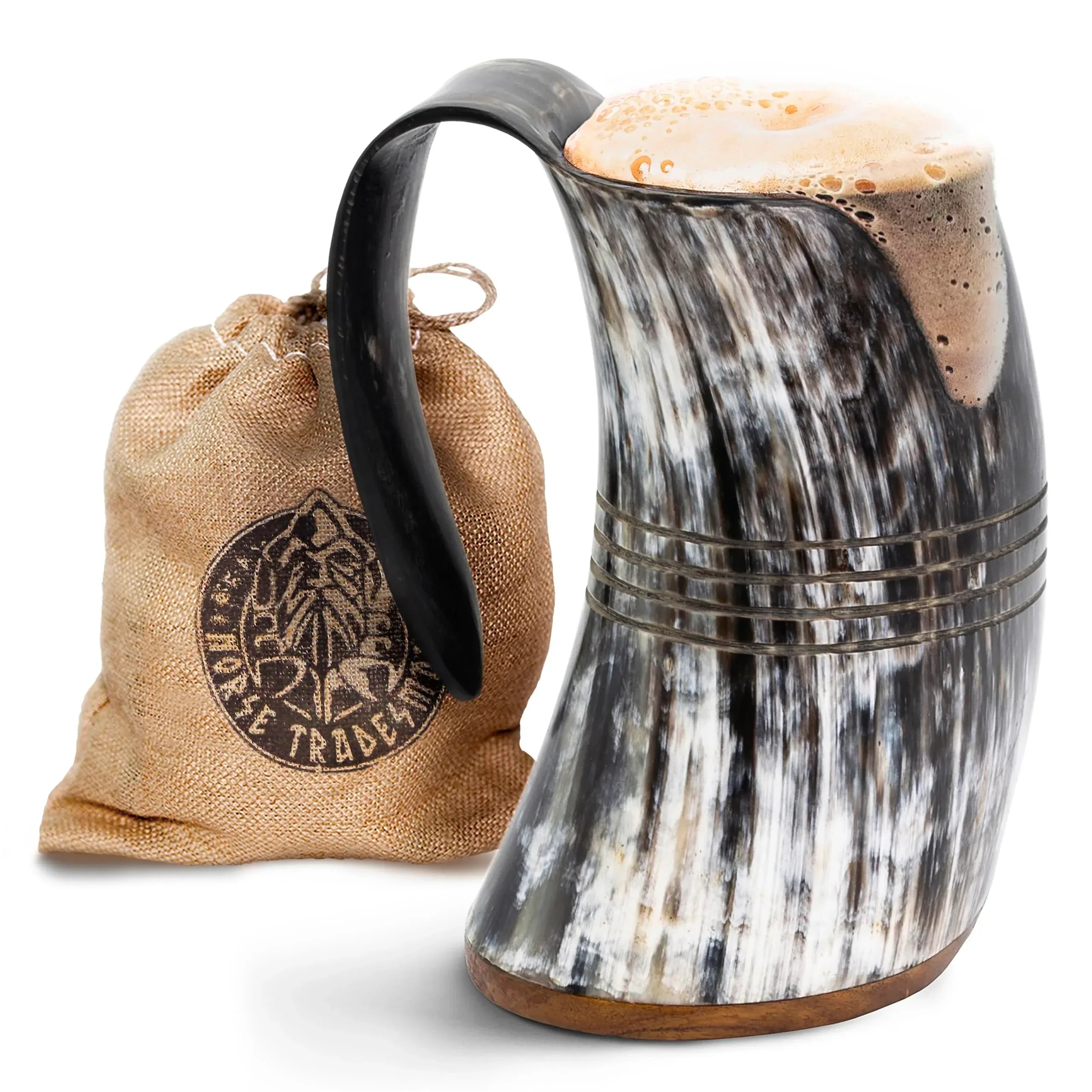 Norse Tradesman Original LG Viking Drinking Horn Mug - 100% Authentic Beer Horn Tankard With Natural Surface & Burlap Gift Sack | The Original, Low Polish, approx. 16 oz - Unique Gift Market