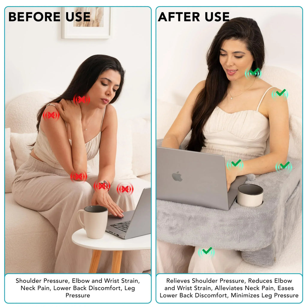 Reading Pillow for Gaming – Extra Large Lap Desk & Arm Rest with Cup & Phone Holder, Adjustable Heights, Laptop Support, Large Pockets – Comfortable for Work, Gaming & Crocheting (Furry Grey) - Unique Gift Market