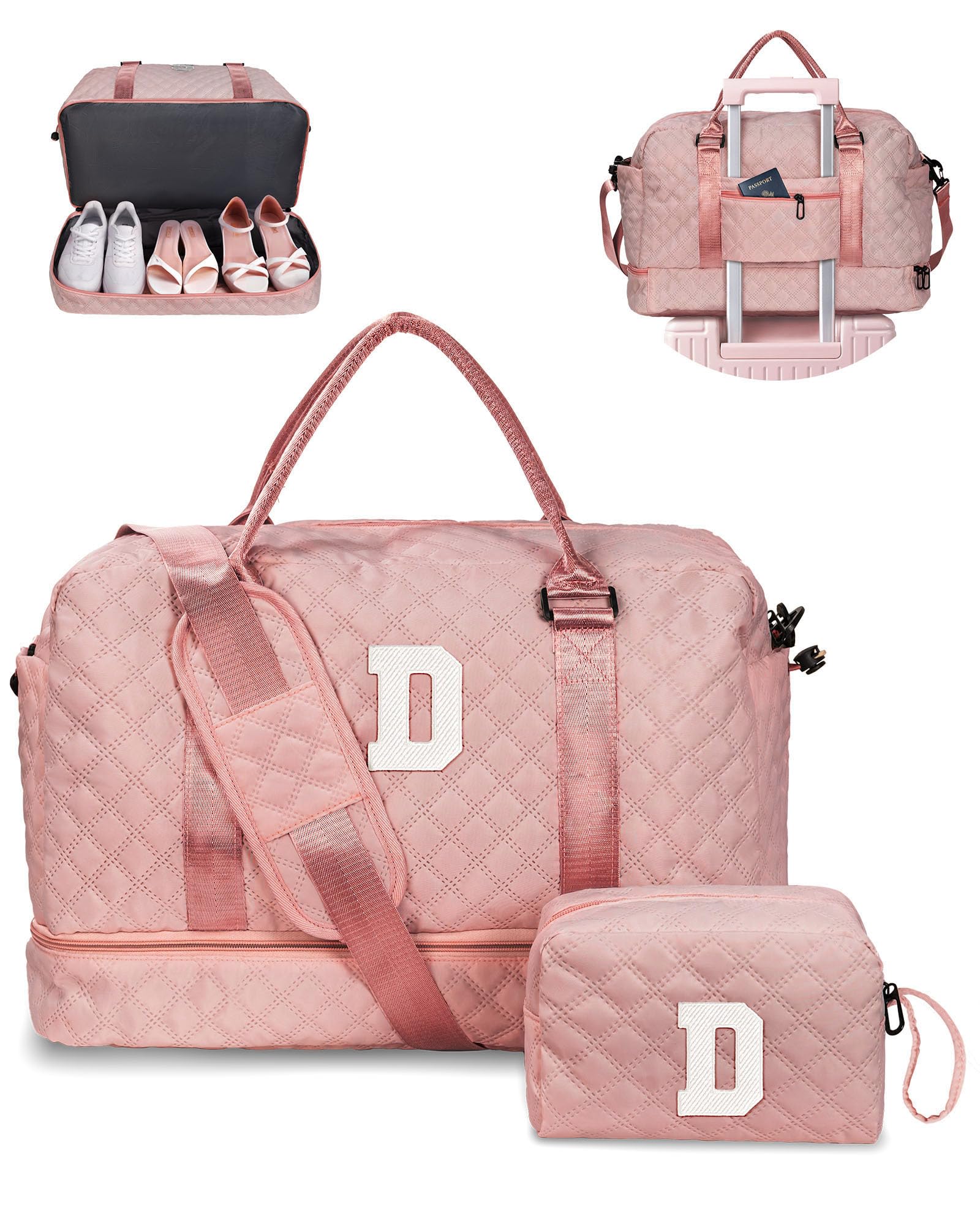 Birthday Gift-Initial Duffle Bag with Shoe Compartment, Personalized Weekender Bag, Monogram Overnight Bag for Women with Trolley Sleeve & Wet Pocket, Travel Bag with Makeup Bag (Letter K)