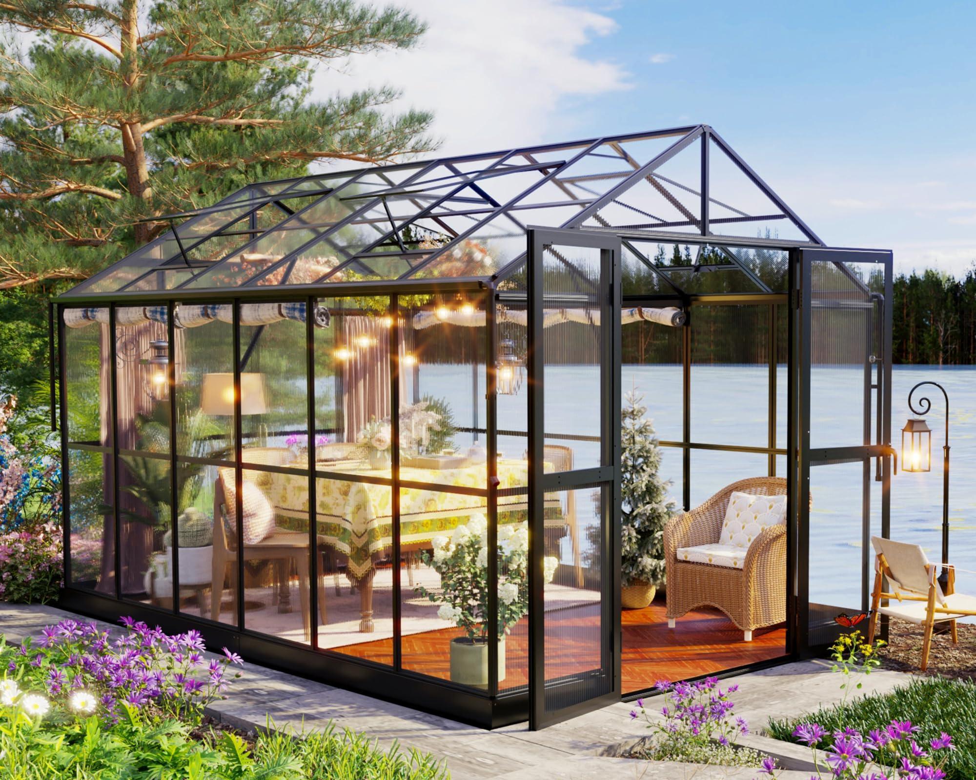 Jocisland 8x12x7.5 FT Greenhouse - Outdoor Aluminum Polycarbonate Greenhouse with Ventilation and Rain Gutter, 4 Swing Doors with Hook, Walk in Greenhouse for Outdoors Backyard Garden, Black - Unique Gift Market