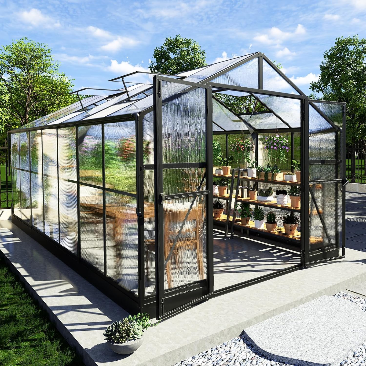 AMERLIFE 8x12x7FT Polycarbonate Greenhouse, Walk in Greenhouse with Quick-Connect System, Green House with 4 Vent Windows and Swing Lockable Door, Greenhouses for Outdoors, Sunroom Black