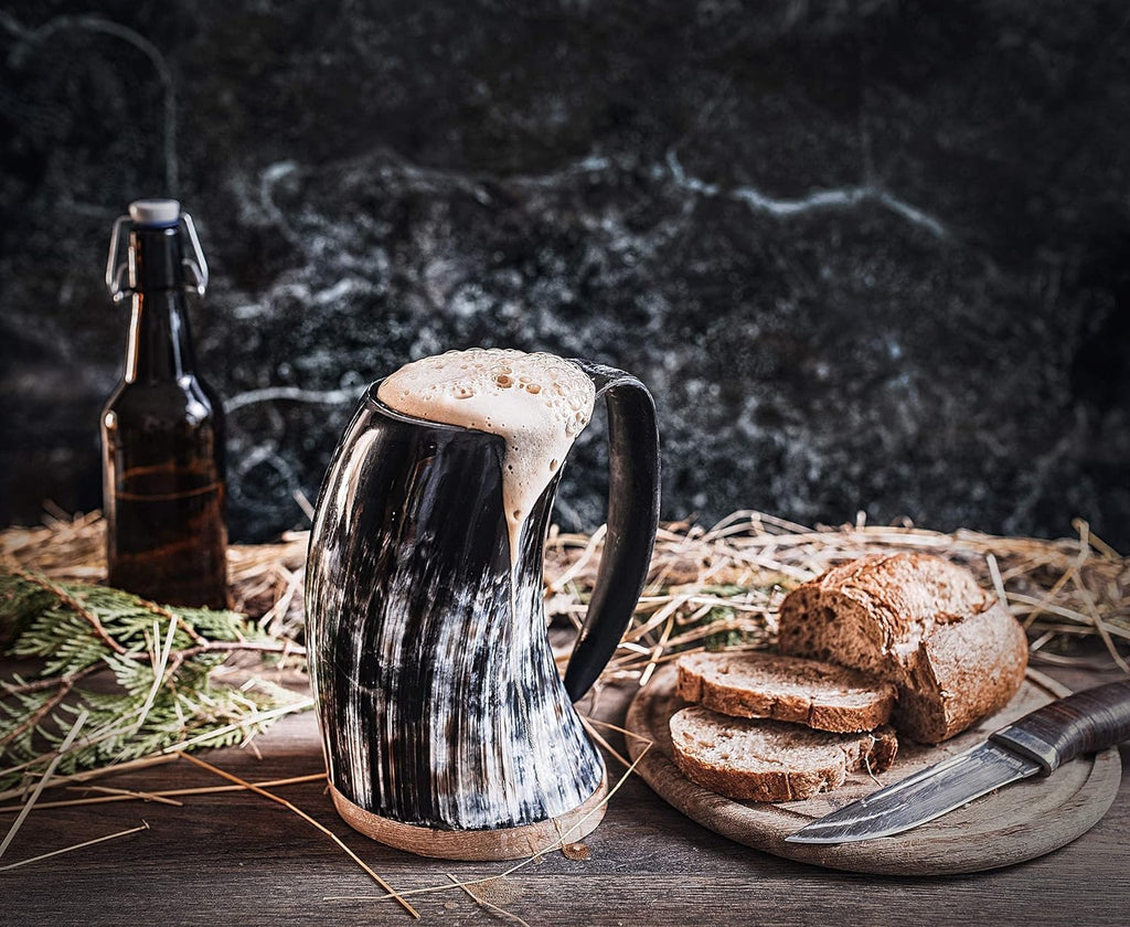 Norse Tradesman Original LG Viking Drinking Horn Mug - 100% Authentic Beer Horn Tankard With Natural Surface & Burlap Gift Sack | The Original, Low Polish, approx. 16 oz