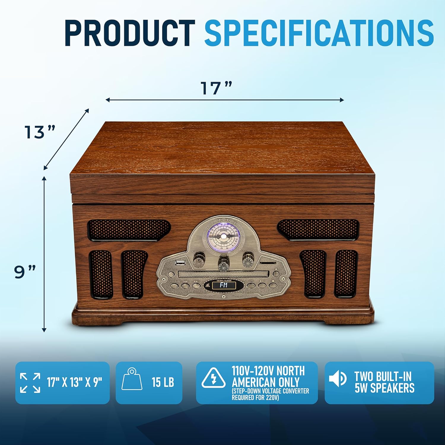 SoundBeast All-in-One Turntable with 3-Speed Record Player, Bluetooth, CD, Cassette Tape, AM/FM Radio, USB, Built-in Speakers, Handmade Wooden Exterior