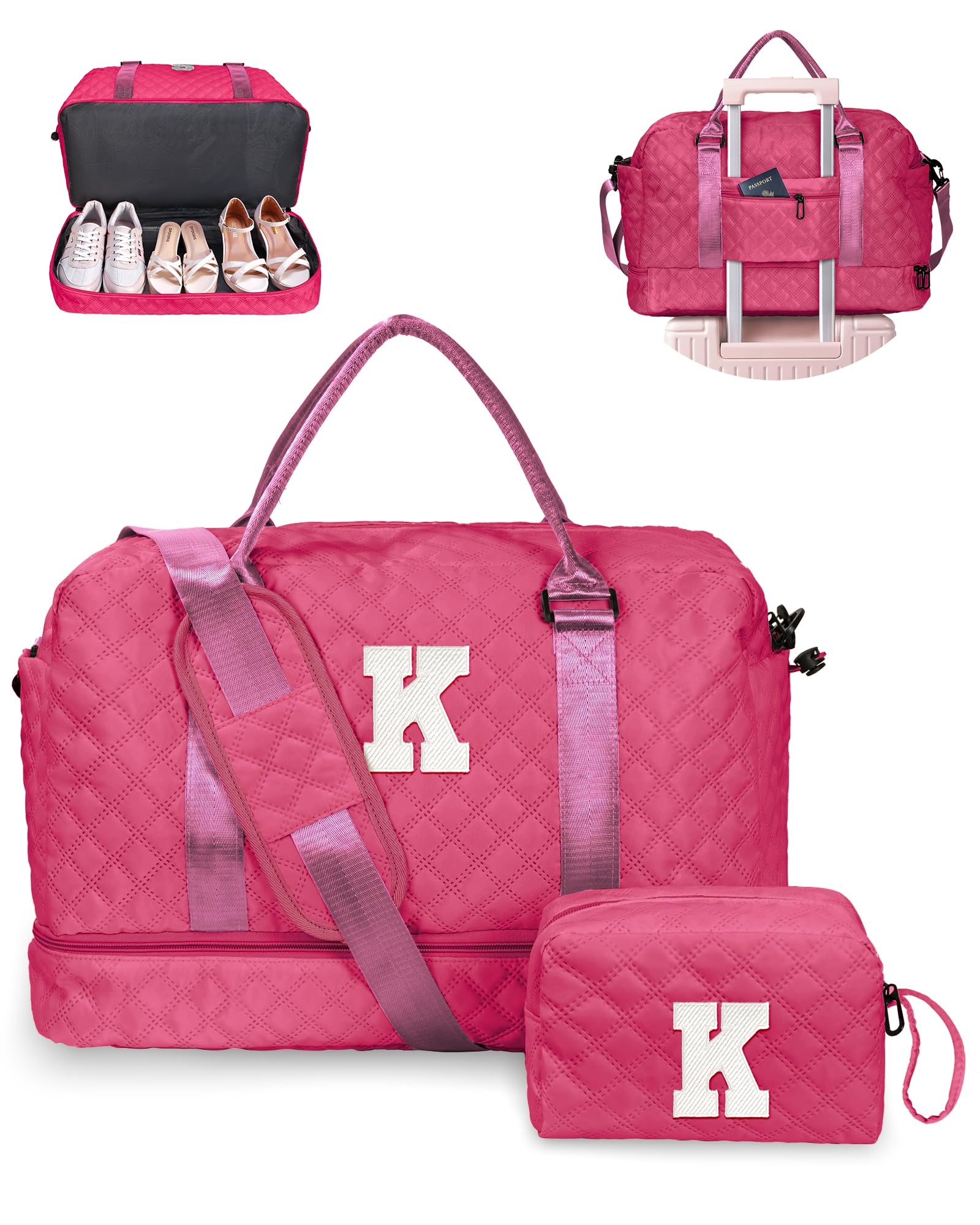 Birthday Gift-Initial Duffle Bag with Shoe Compartment, Personalized Weekender Bag, Monogram Overnight Bag for Women with Trolley Sleeve & Wet Pocket, Travel Bag with Makeup Bag (Letter K)