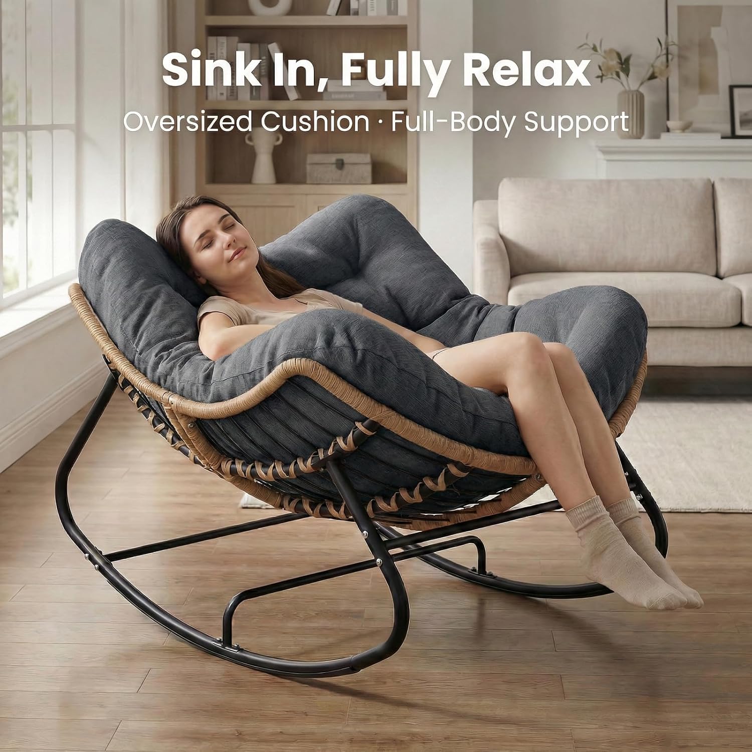SWITTE Outdoor Rocking Chair, Oversized Patio Papasan Rocker, Comfy Wicker Reading Lounge, Indoor Egg Chair for Bedroom, Living Room, Porch, Garden, Lawn-Dark Grey