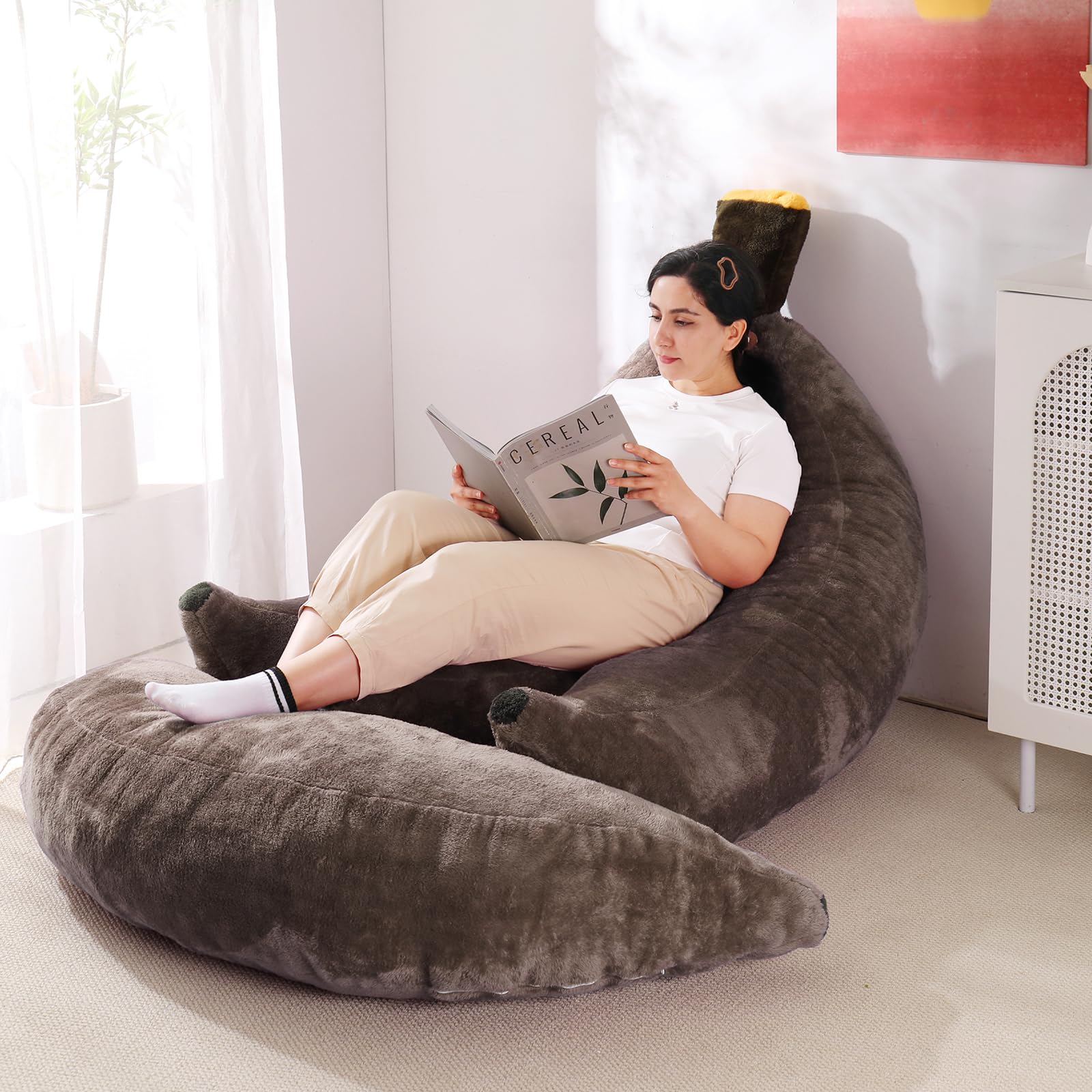 Banana Bean Bag Chair with Ottoman, Floor Sofa Bed with Footrest, Comfy Convertible Lounger for Teens & Adults, Plush Couch for Bedroom, Living Room or Dorm, M-Yellow